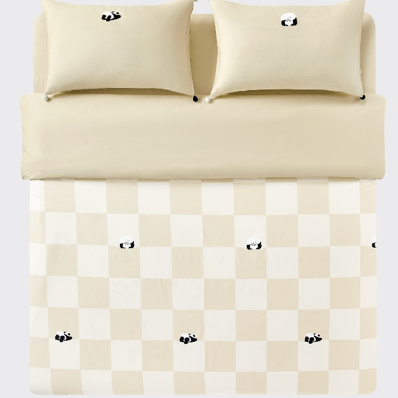 "Panda PomPom"  cotton sateen bedding set Cream White Grid