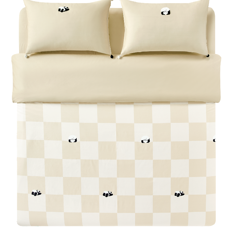 "Panda PomPom"  cotton sateen bedding set Cream White Grid