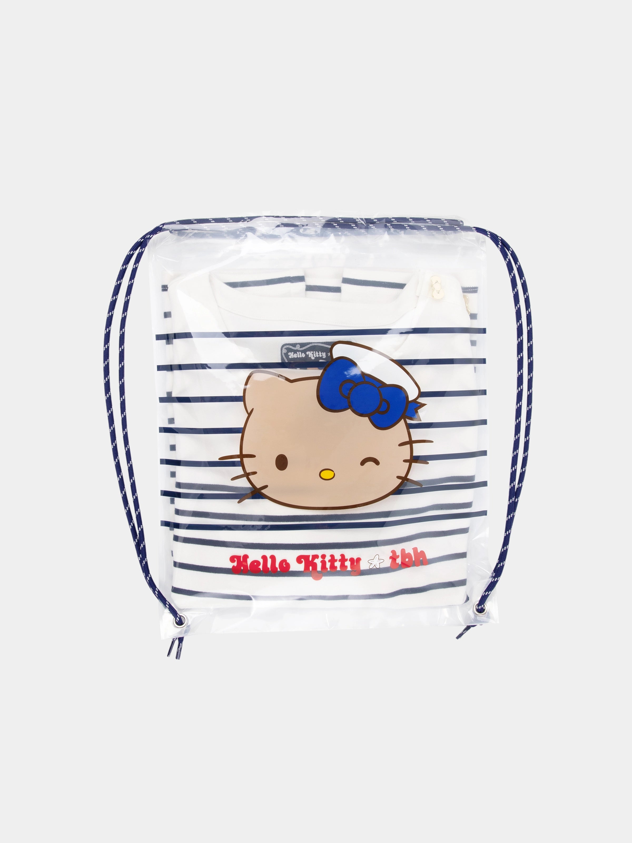 "Hello Kitty" Stretch Cotton Jersey Breton Stripe Loungewear Set Boat Neck Short Sleeve