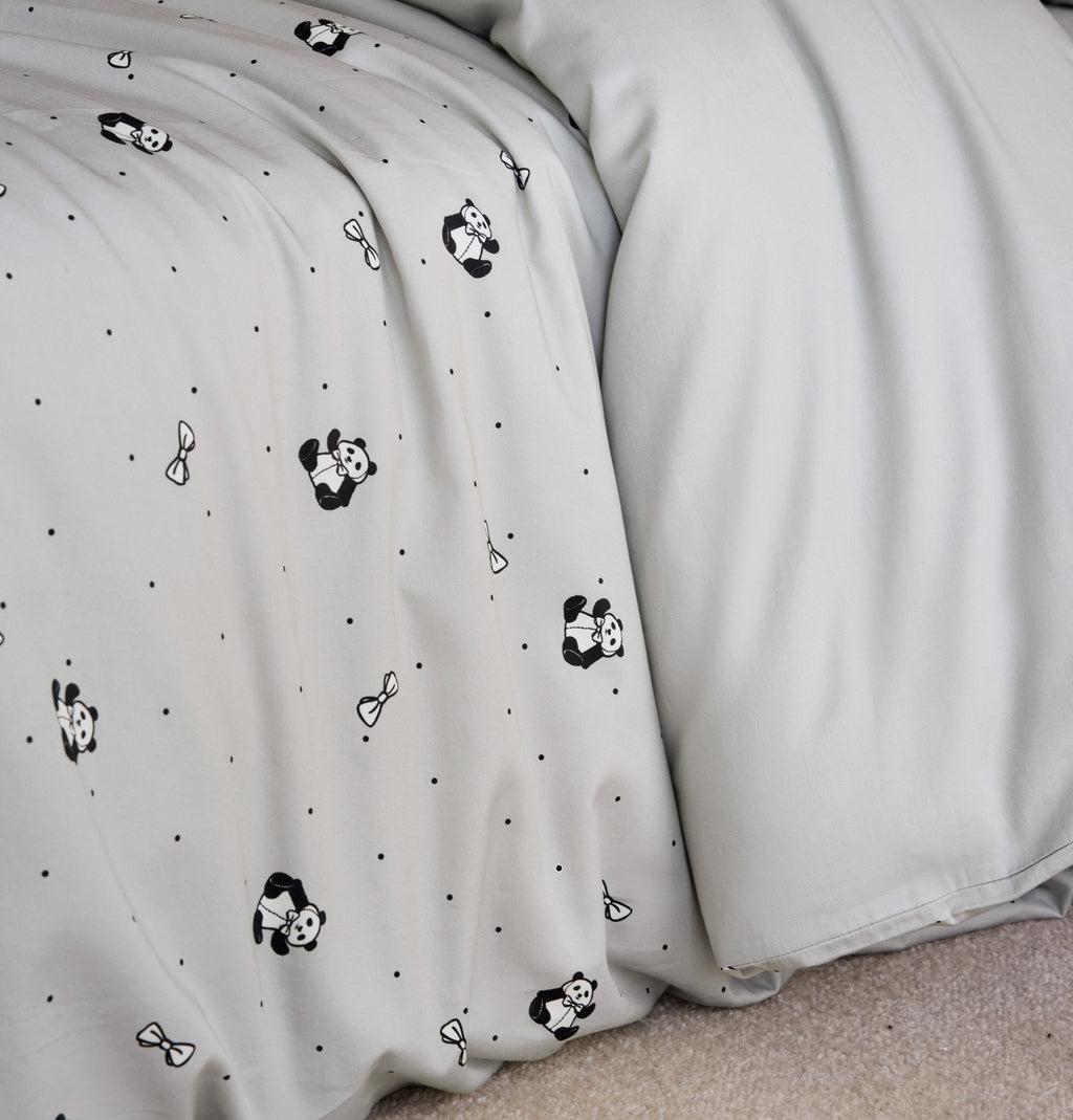 "Panda PomPom"  cotton sateen bedding set Gray