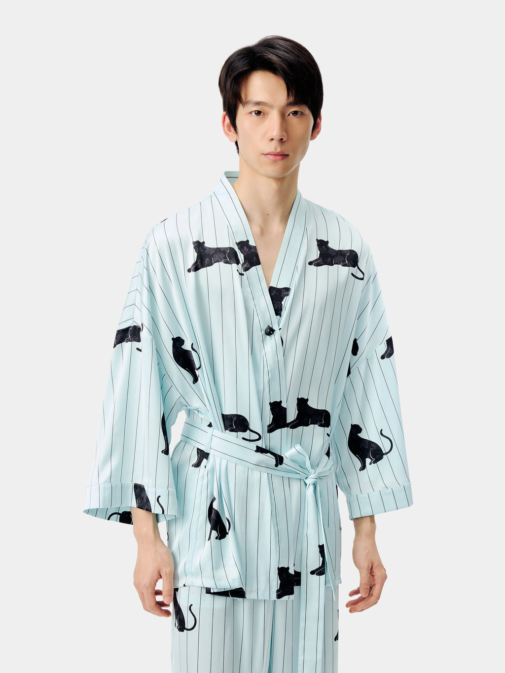 "Urban Jungle" Black Panther Satin Loungewear Set Robe & Pants – Mist Blue
