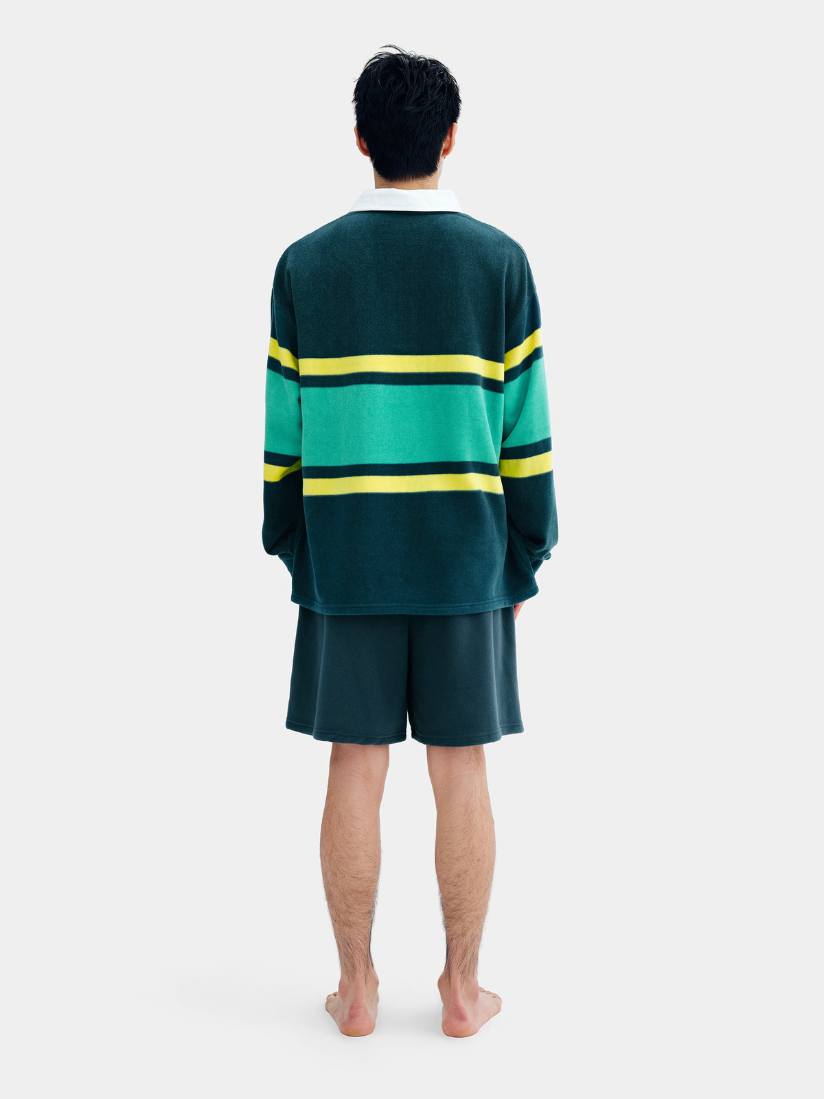 PIN!POM! Fleece Polo Loungewear Set-Long Sleeve & Shorts-Yellow & Green Stripes