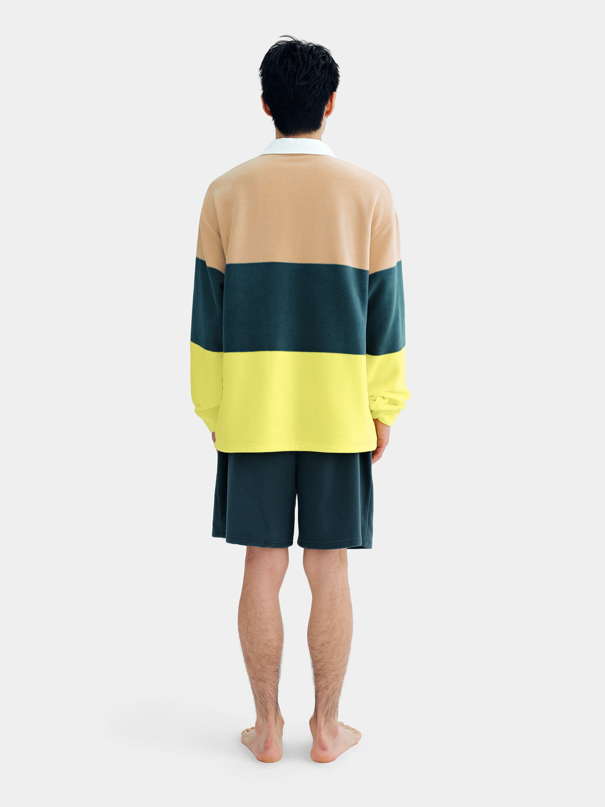 ชุดลำลองเสื้อโปโลผ้าฟลีซ PIN!POM! - แขนยาวและกางเกงขาสั้น - ลายทางสีเหลืองและน้ำตาล