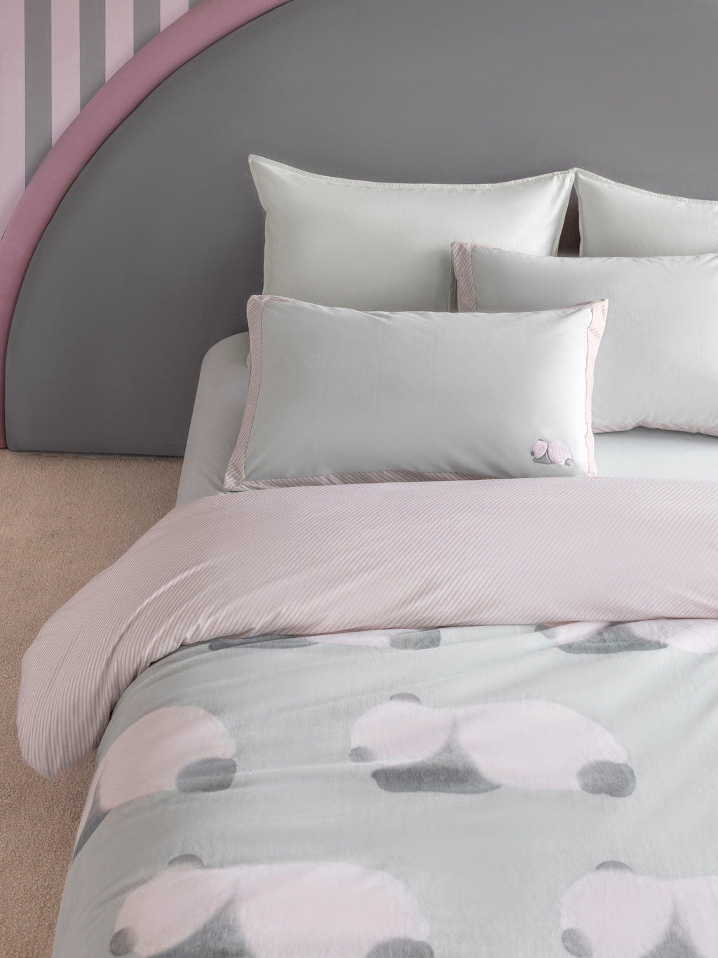 "Panda PomPom" Micro Flannel Bedding Set – Cream White