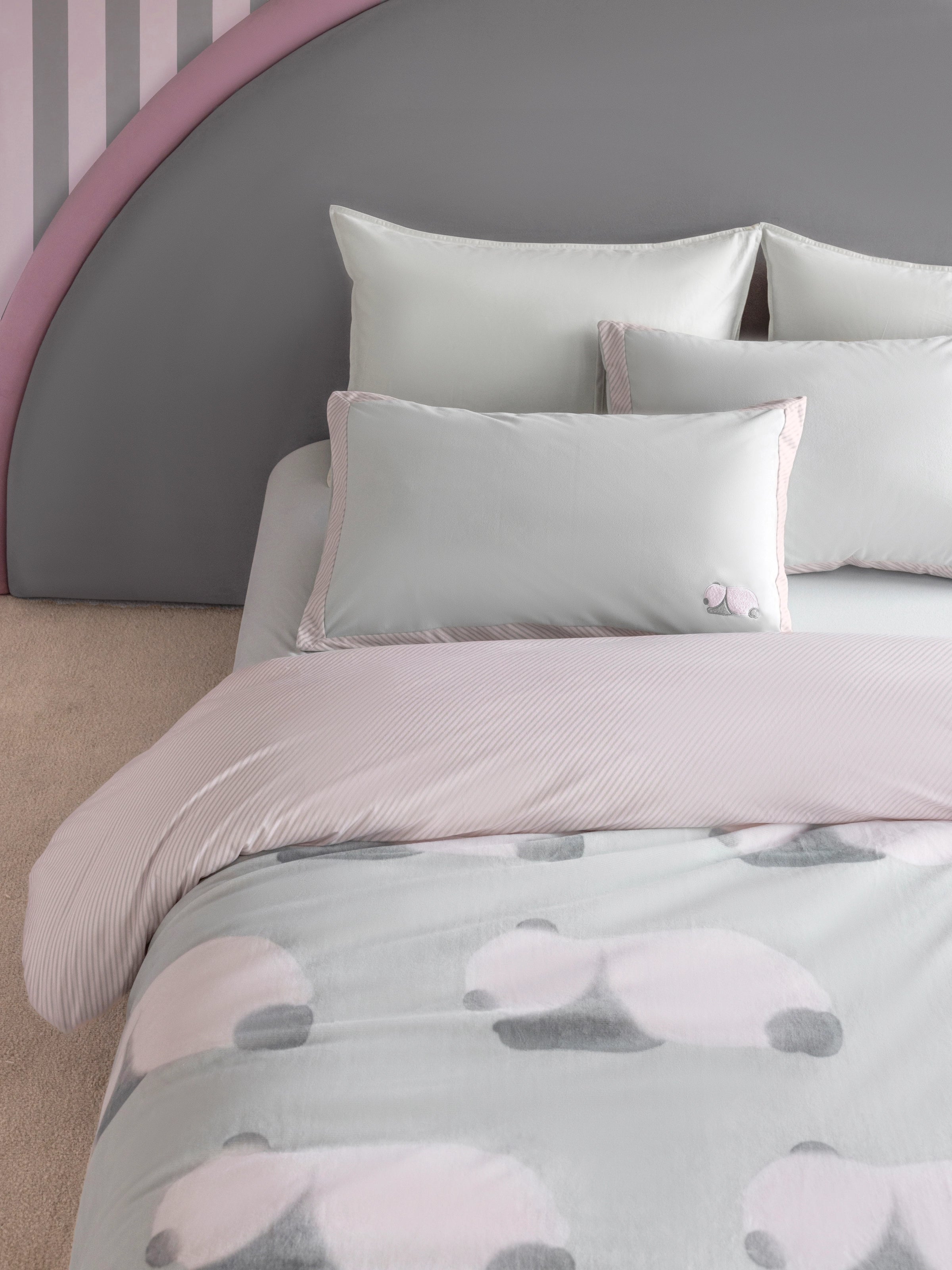 "Panda PomPom" micro flannel bedding set Cream White
