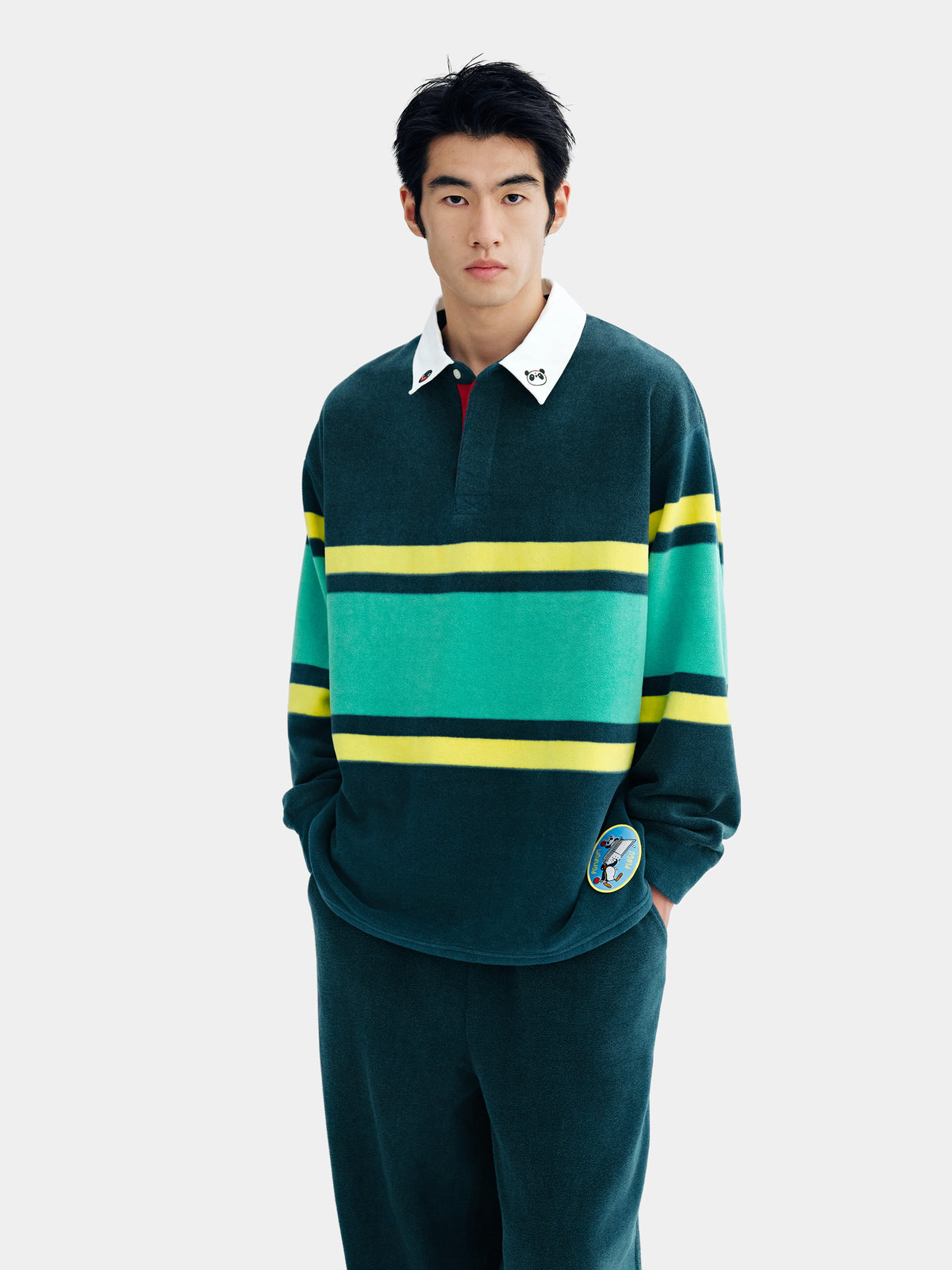 ชุดลำลองเสื้อโปโลผ้าฟลีซ PIN!POM! - แขนยาว - ลายทางสีเหลืองและเขียว