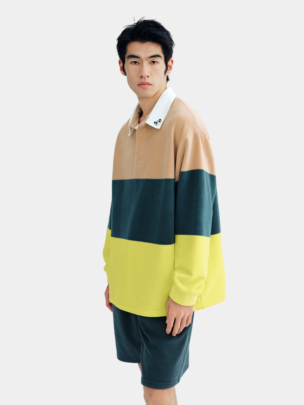 ชุดลำลองเสื้อโปโลผ้าฟลีซ PIN!POM! - แขนยาวและกางเกงขาสั้น - ลายทางสีเหลืองและน้ำตาล