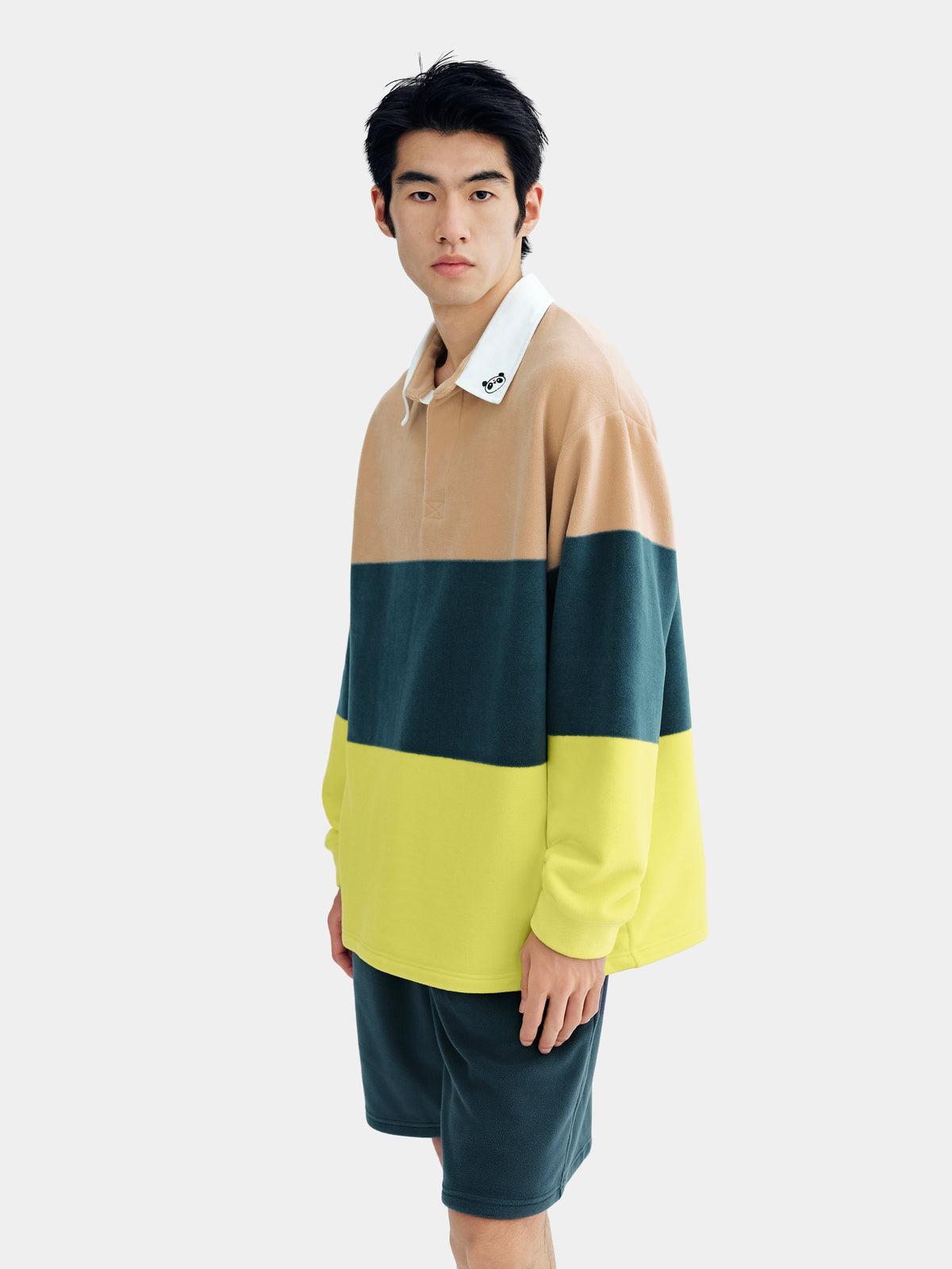 ชุดลำลองเสื้อโปโลผ้าฟลีซ PIN!POM! - แขนยาวและกางเกงขาสั้น - ลายทางสีเหลืองและน้ำตาล