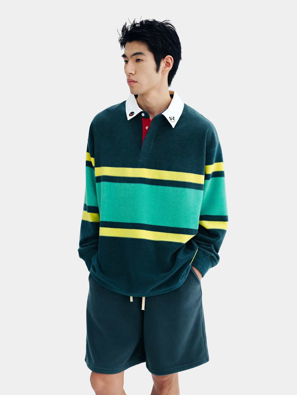 PIN!POM! Fleece Polo Loungewear Set-Long Sleeve & Shorts-Yellow & Green Stripes