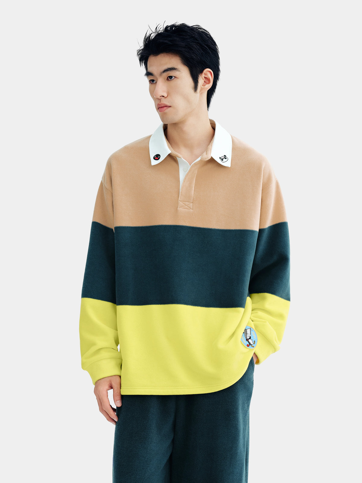 ชุดลำลองเสื้อโปโลผ้าฟลีซ PIN!POM! - แขนยาว - ลายทางสีเหลืองและน้ำตาล