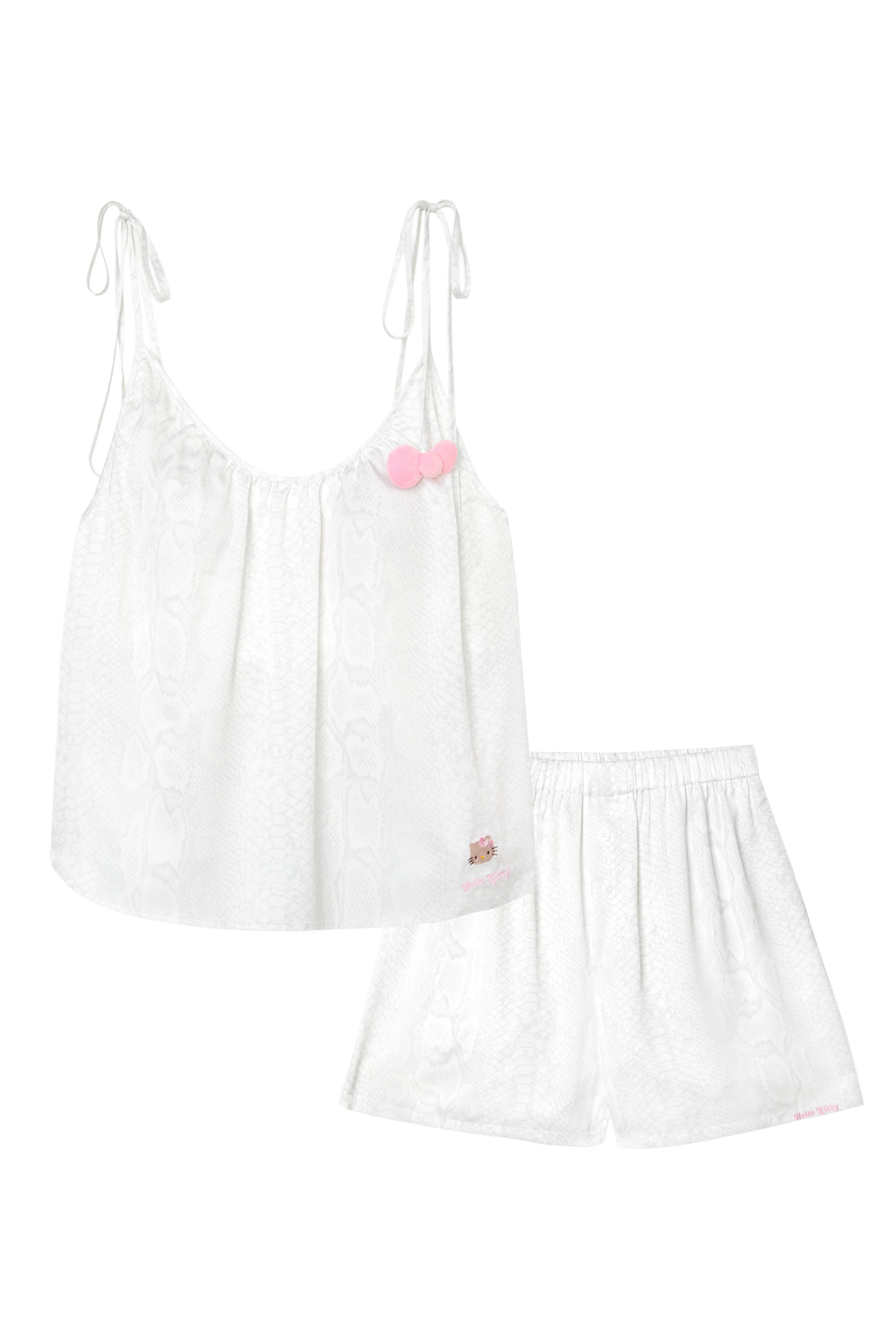 "Hello Kitty" Satin Spaghetti Strap Top & Shorts Pajama Set – Snake Print