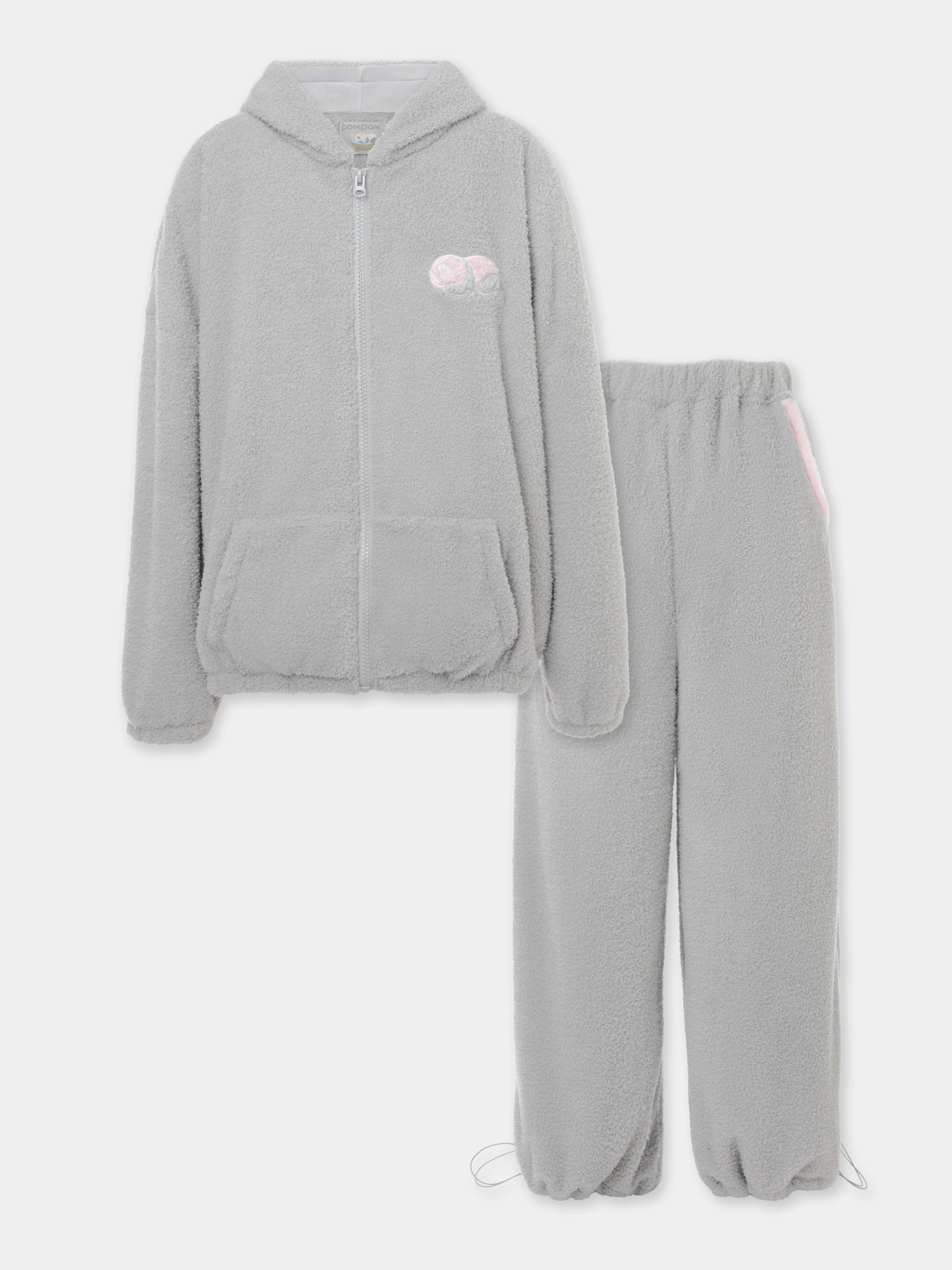 "Panda PomPom" Polar Fleece Oversize Loungewear Set Gray