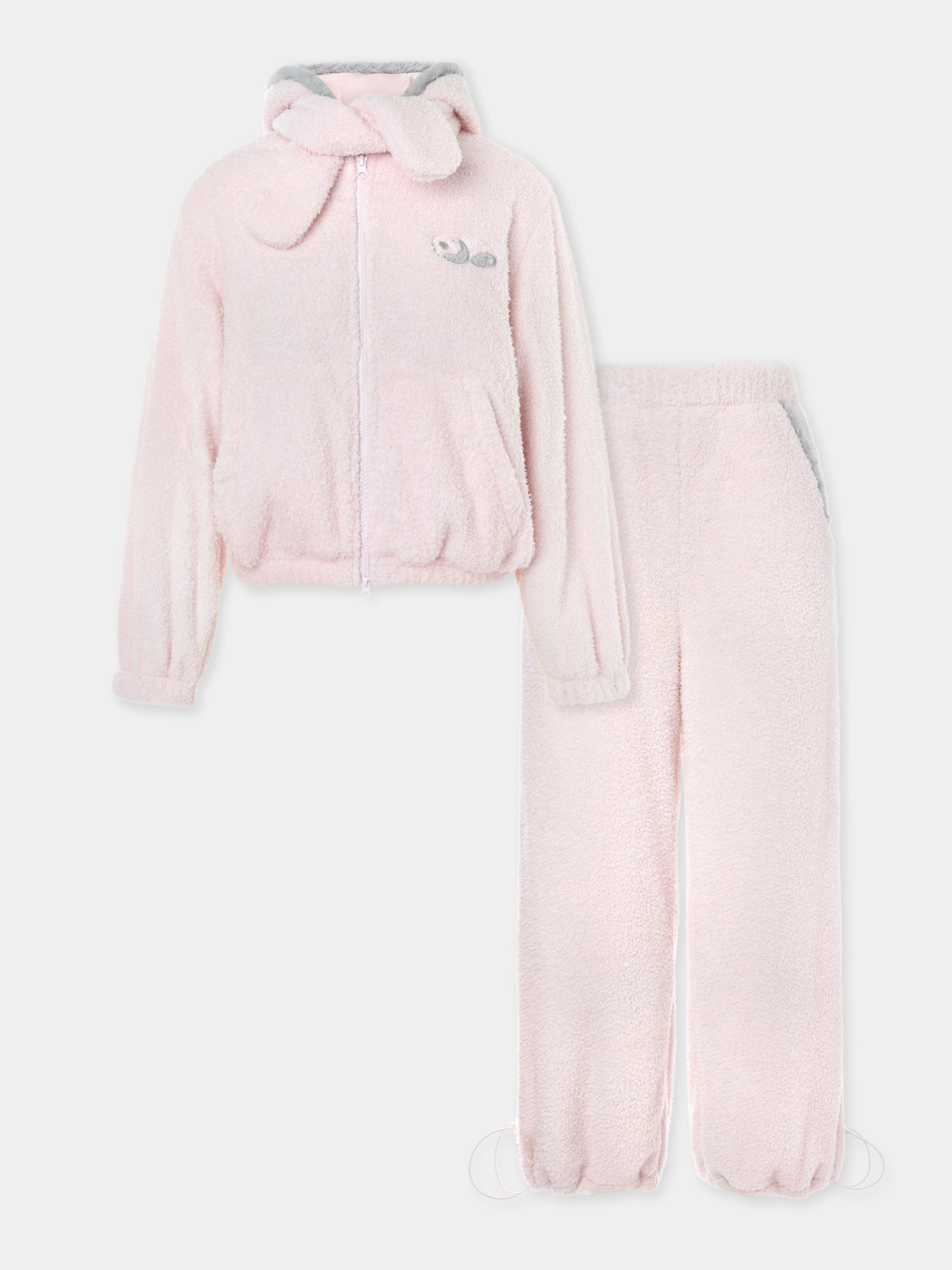 "Panda PomPom" Polar Fleece Hoodie Short Loungewear Set Pink