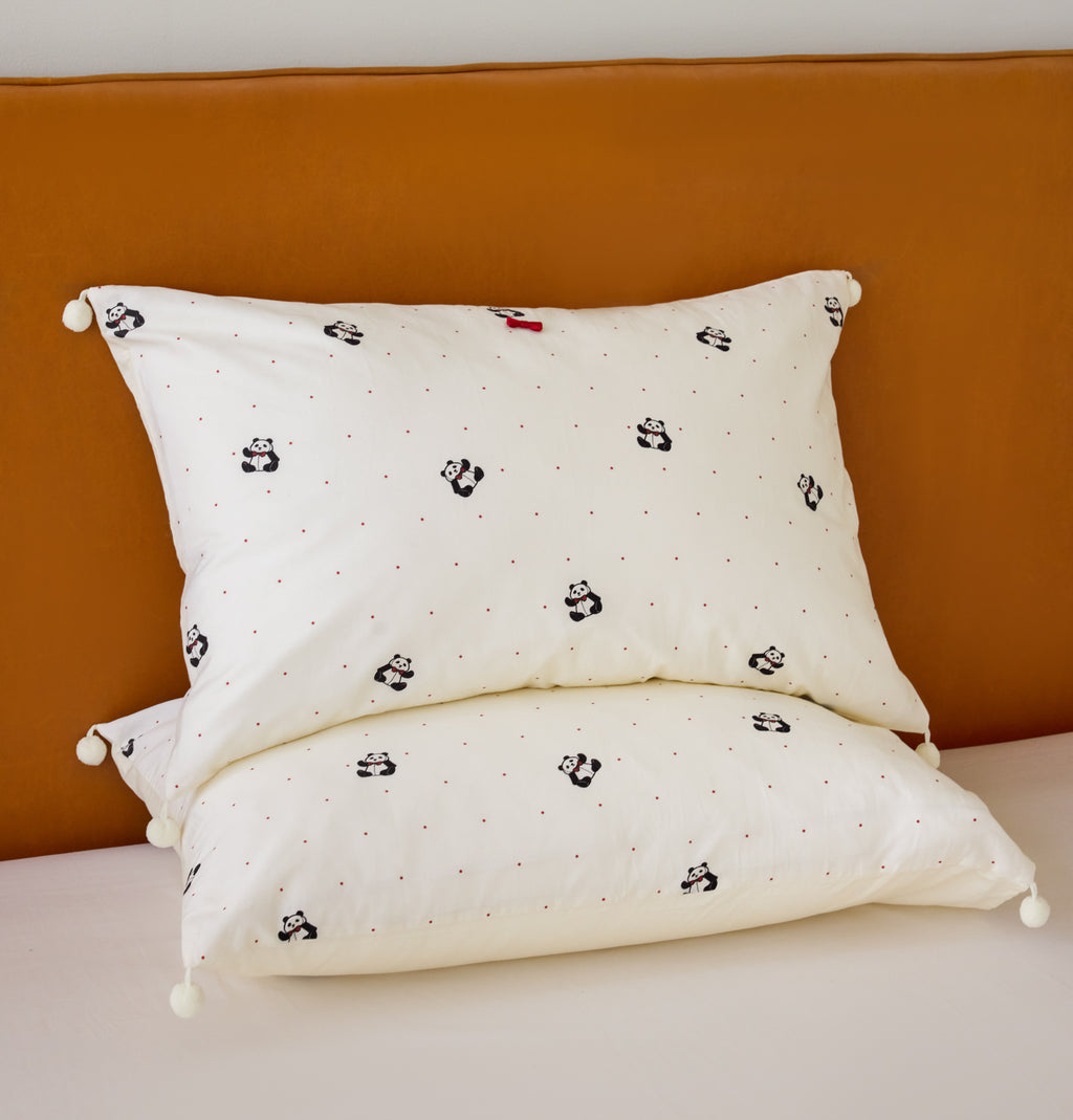 "Panda PomPom"  cotton sateen bedding set White
