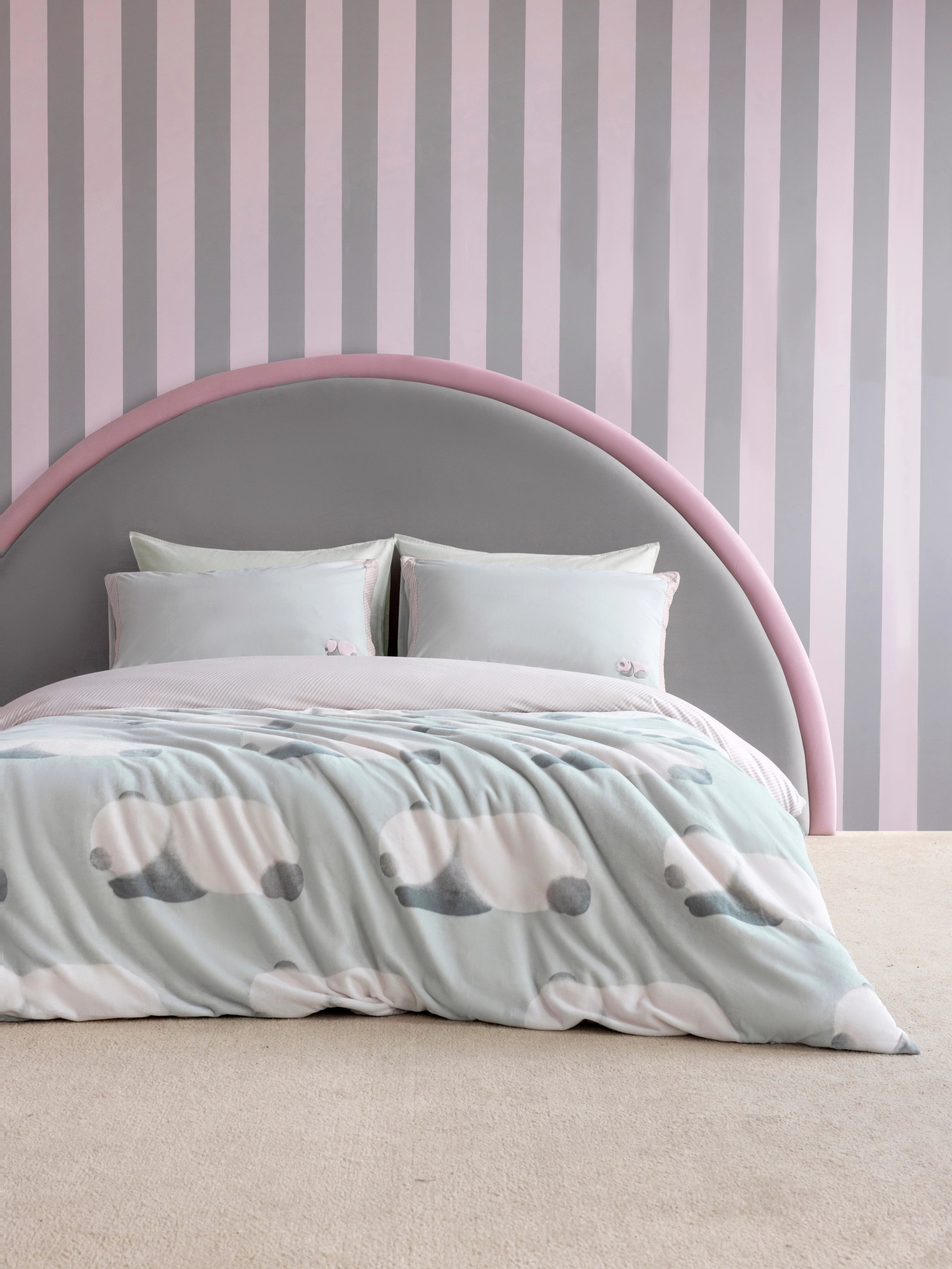 "Panda PomPom" micro flannel bedding set Cream White