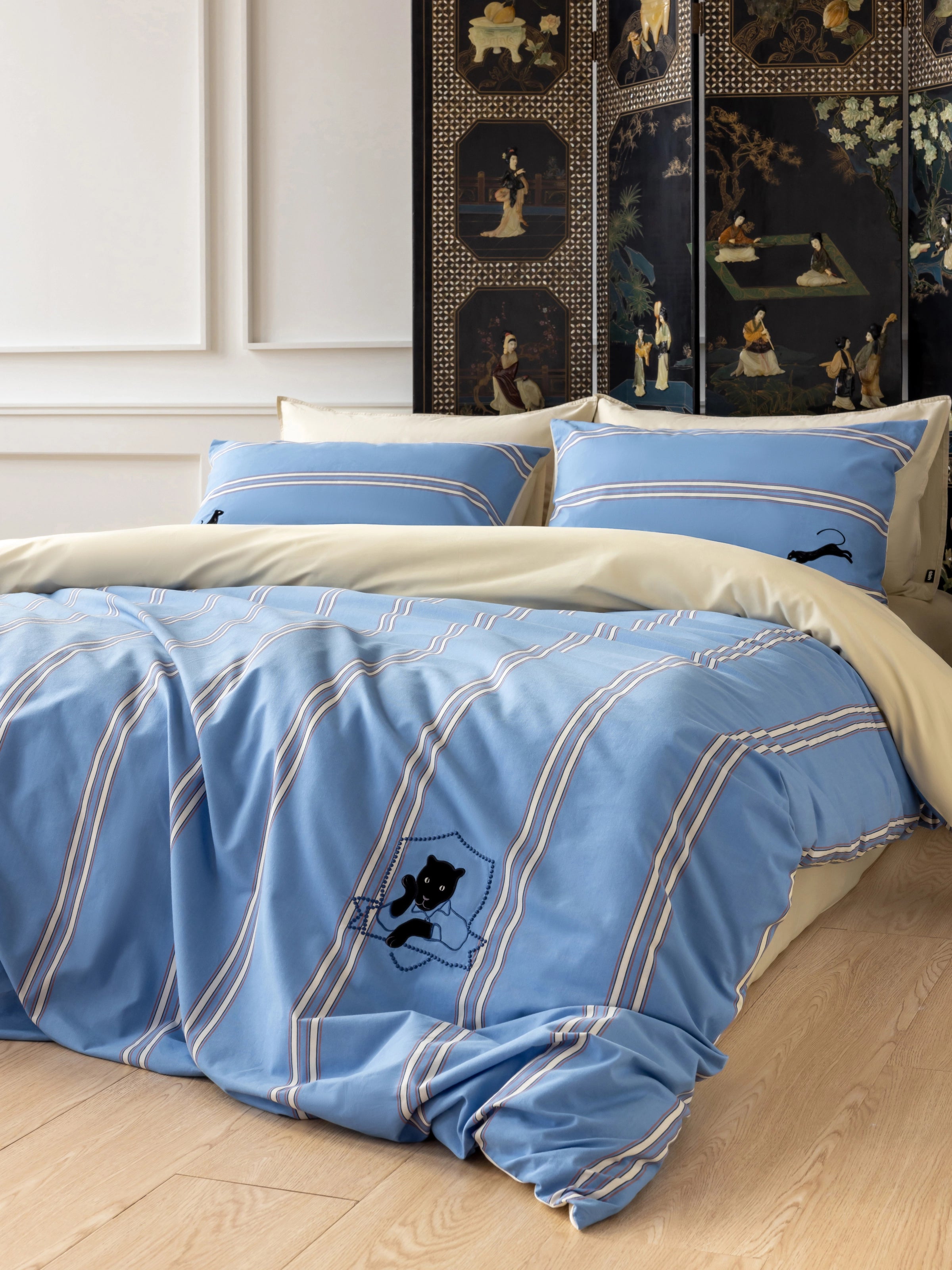 "Urban Jungle" Black Panther Yarn-Dyed Cotton Bedding Set – Blue