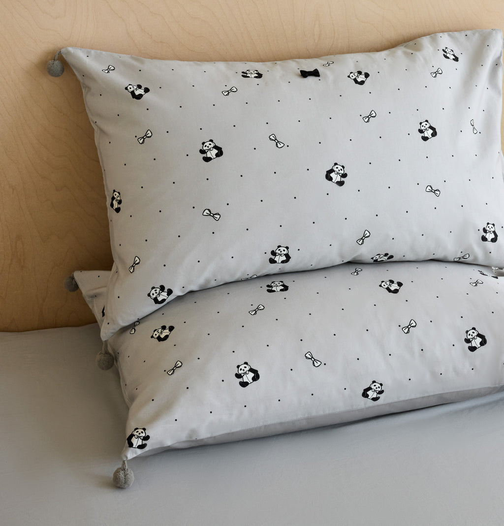 "Panda PomPom"  cotton sateen bedding set Gray