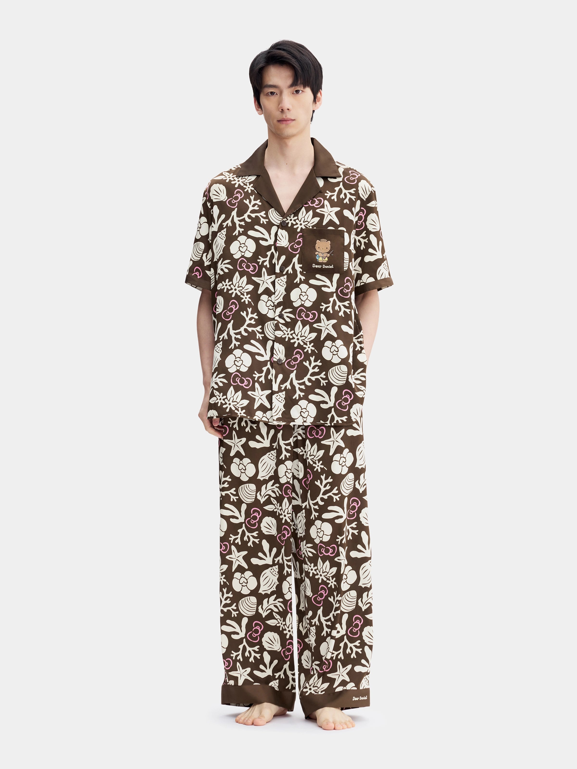 "Dear Daniel" Satin Loungewear Set Short Sleeve – Coconut Brown