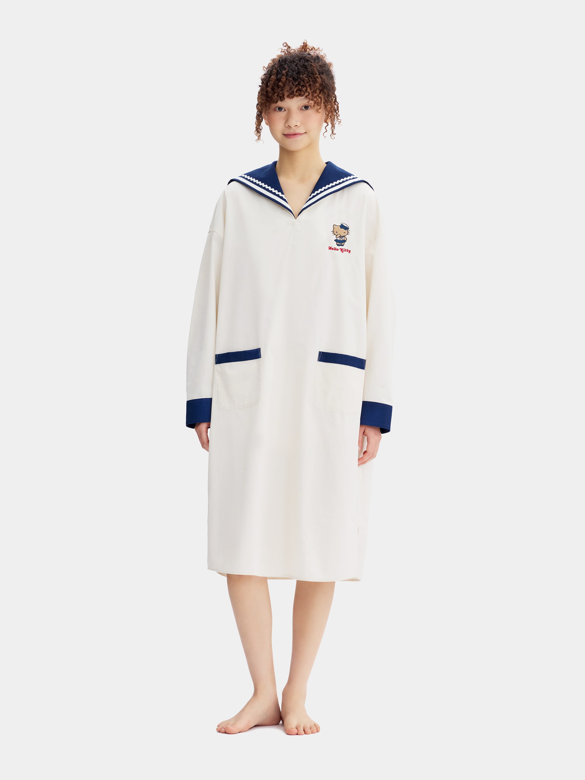"Hello Kitty" Cotton Sailor Collar Long Sleeve Nightgown
