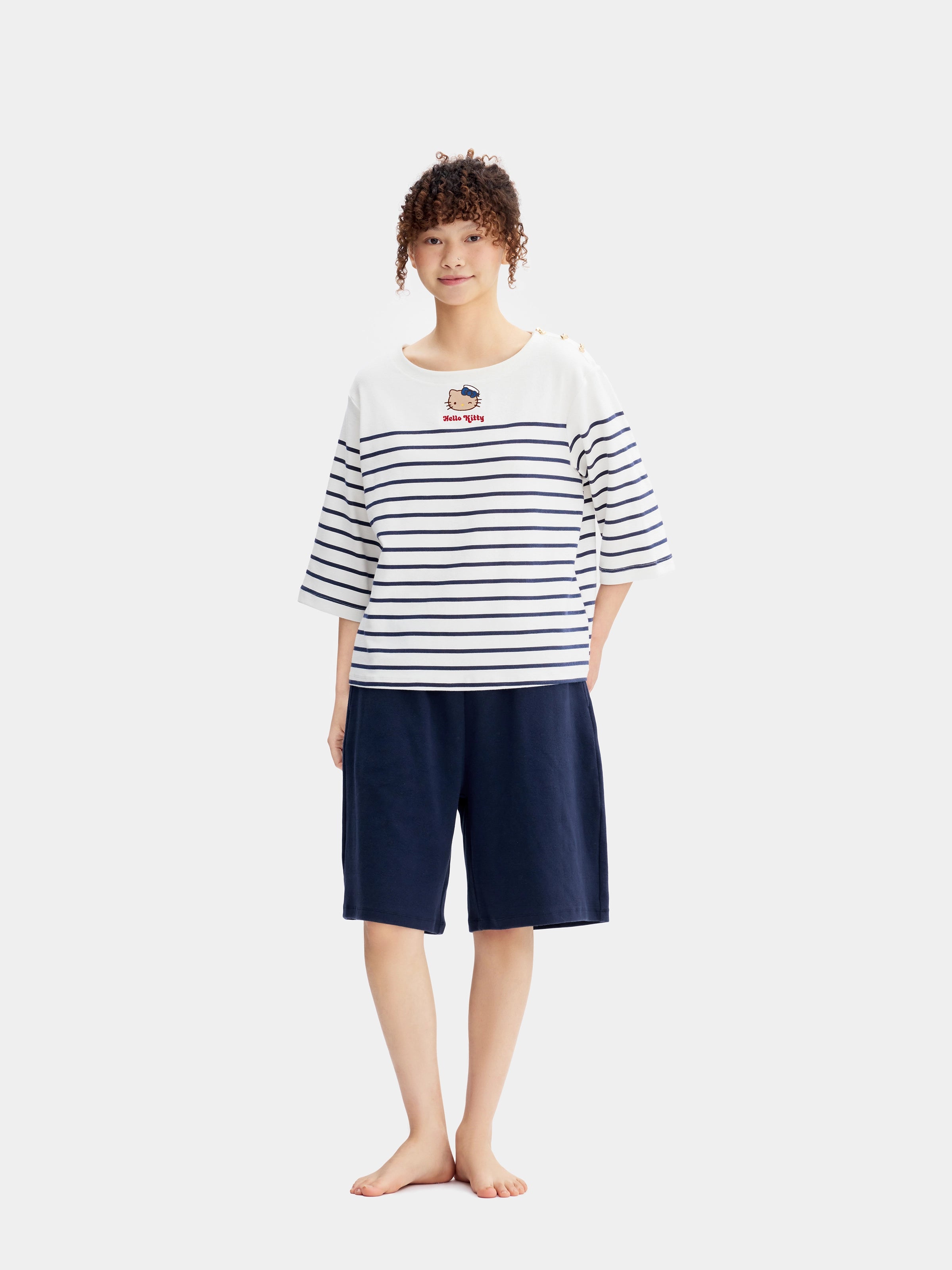 "Hello Kitty" Stretch Cotton Jersey Breton Stripe Loungewear Set Boat Neck Short Sleeve