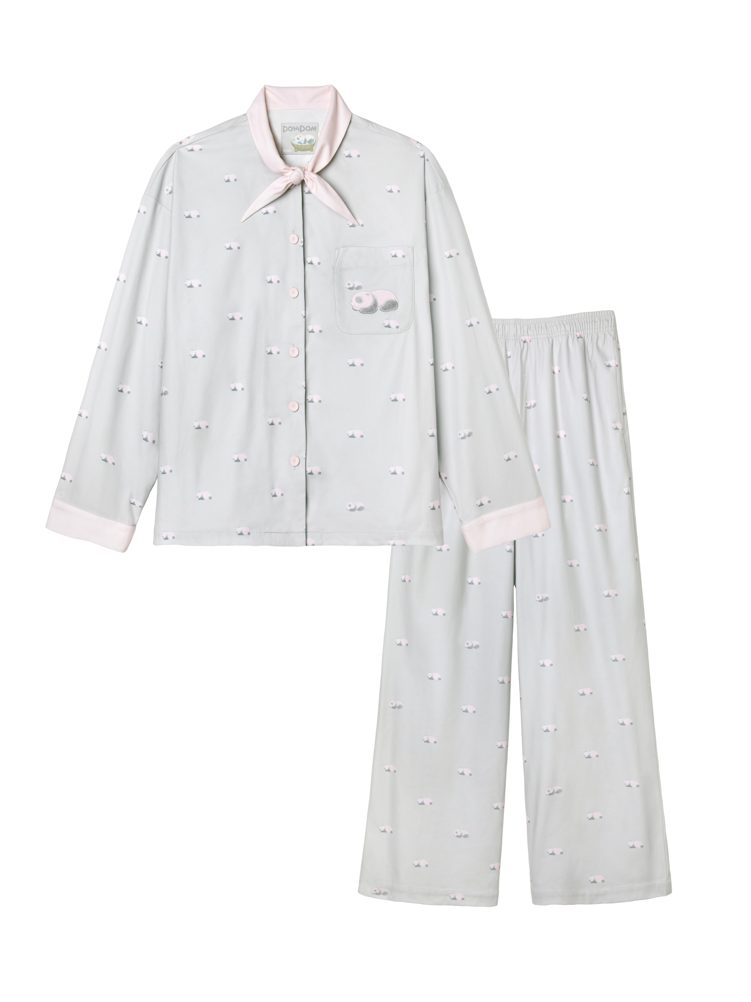 "Panda PomPom" Polar Fleece Neckerchief Loungewear Set Gray