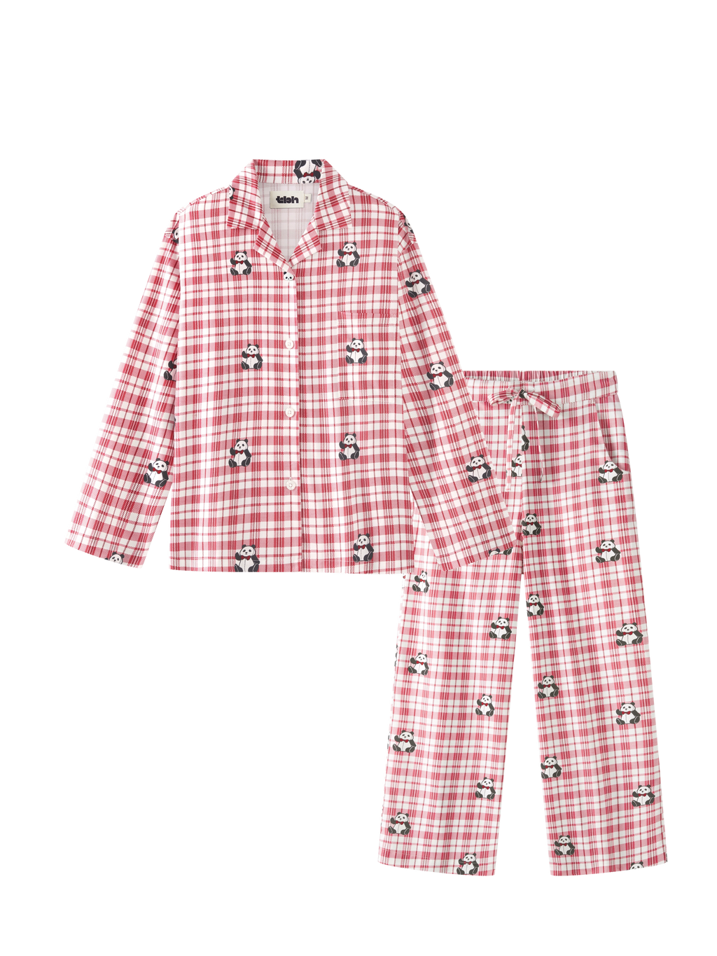 "Panda PomPom" Tencel Cotton Blend Loungewear Set – Red Grid