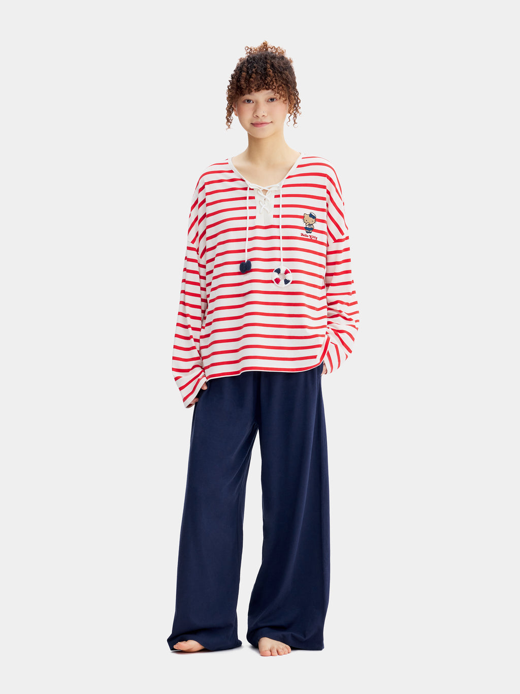 "Hello Kitty" Jersey Breton Stripe Loungewear Set Long Sleeve – Red & White