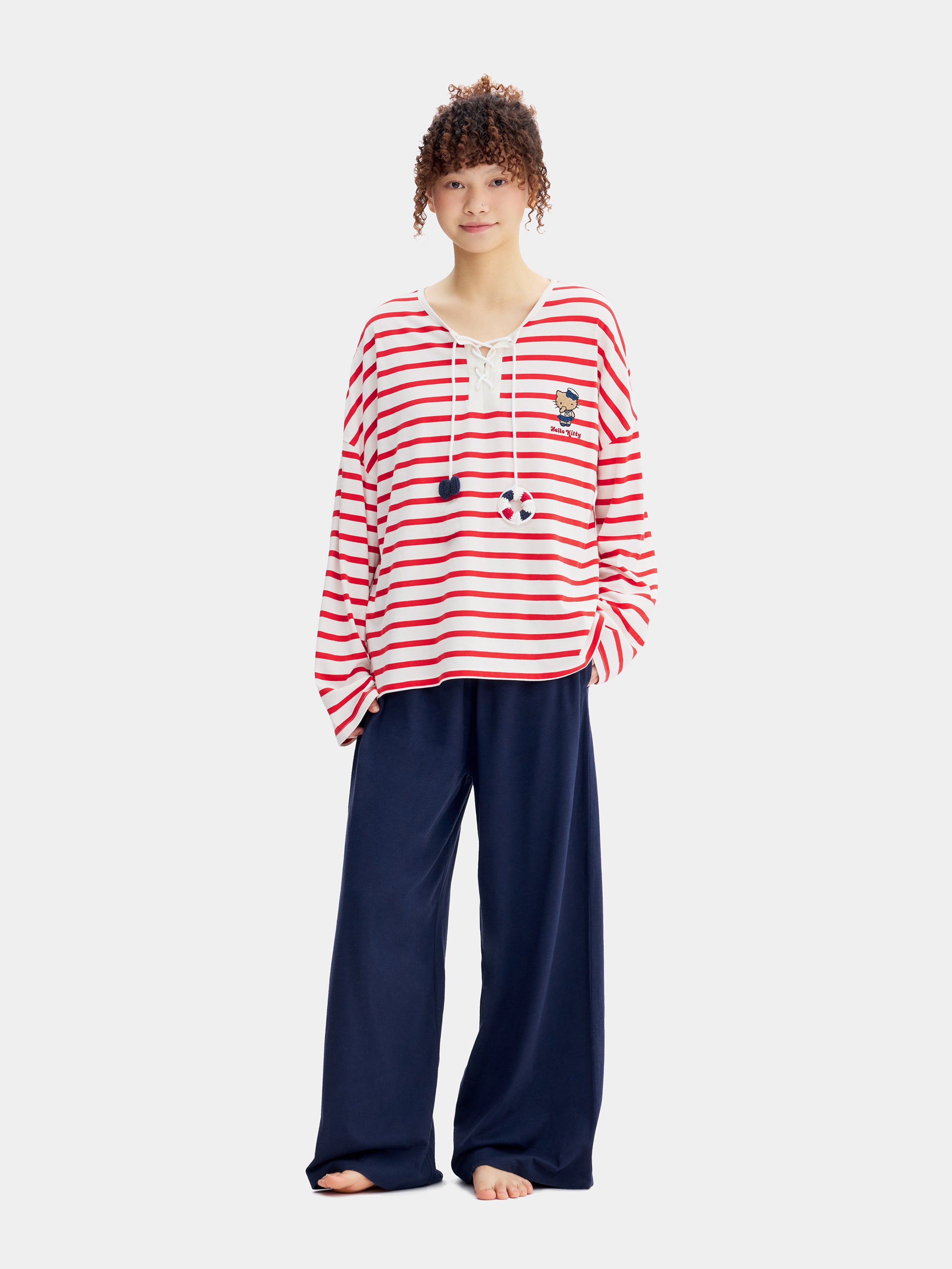 "Hello Kitty" Jersey Breton Stripe Loungewear Set Long Sleeve – Red & White