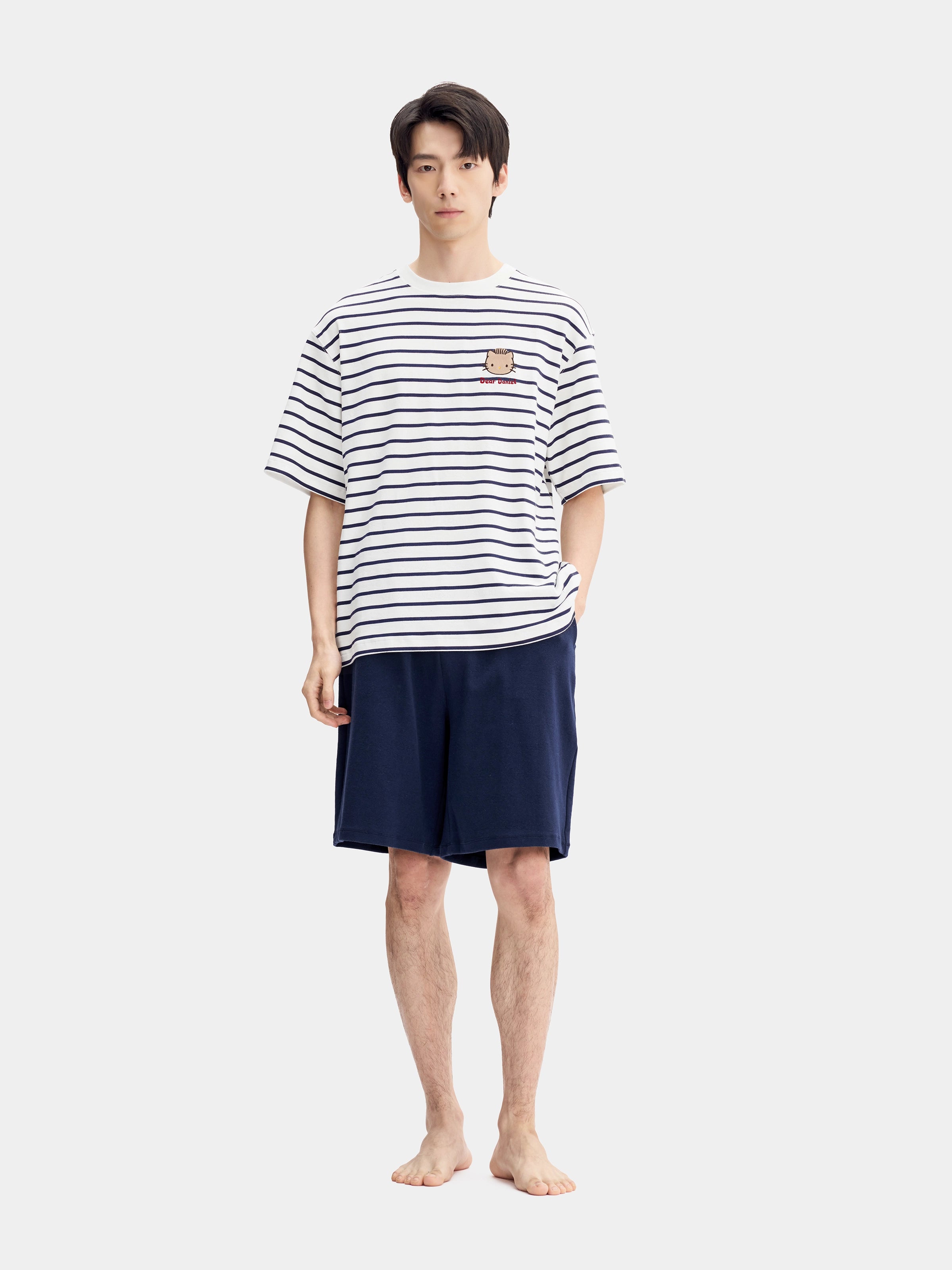 "Dear Daniel" Stretch Cotton Jersey Breton Stripe Loungewear Set Short Sleeve
