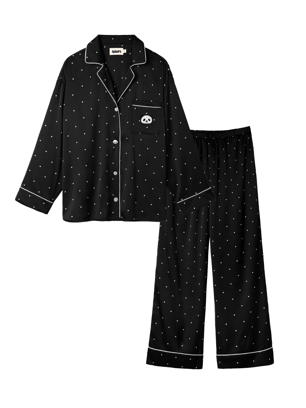 "Panda PomPom" Satin Loungewear Set – Black Polka Dot