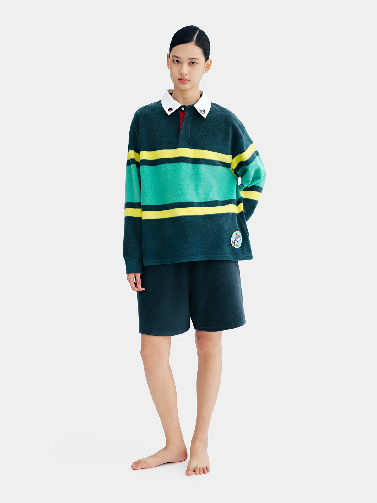 PIN!POM! Fleece Polo Loungewear Set-Long Sleeve & Shorts-Yellow & Green Stripes