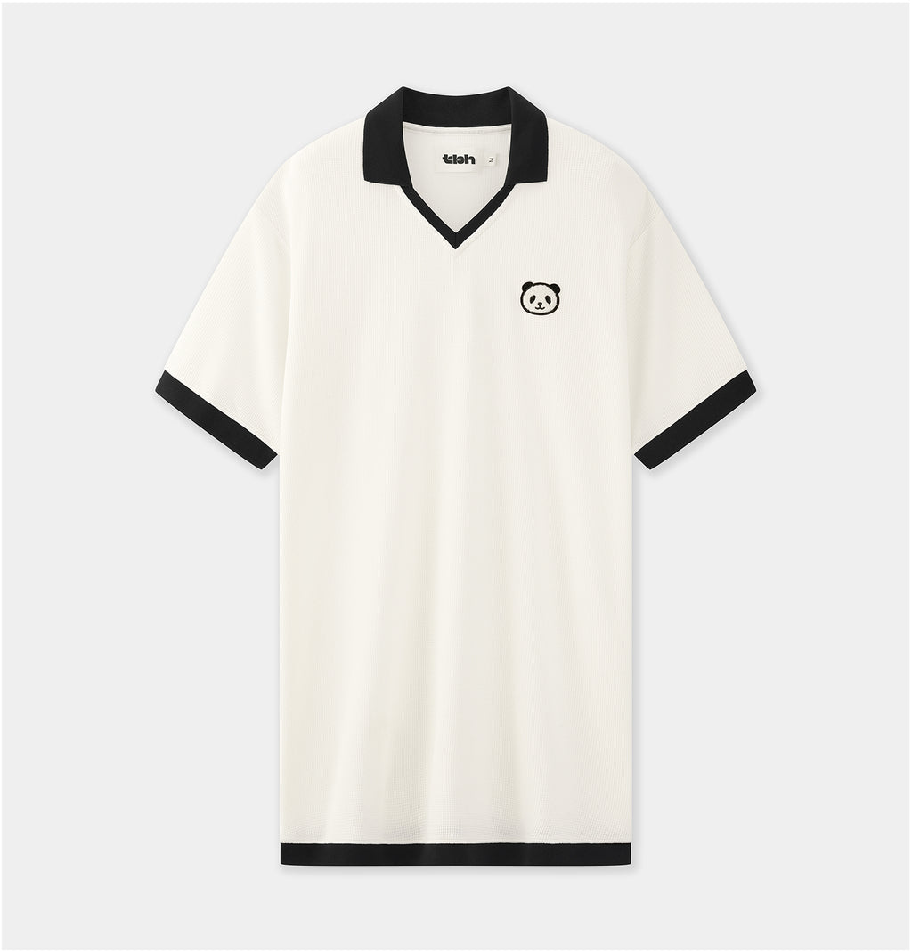 "Panda PomPom" Waffle Checks Polo Collar Nightgown – Cream White