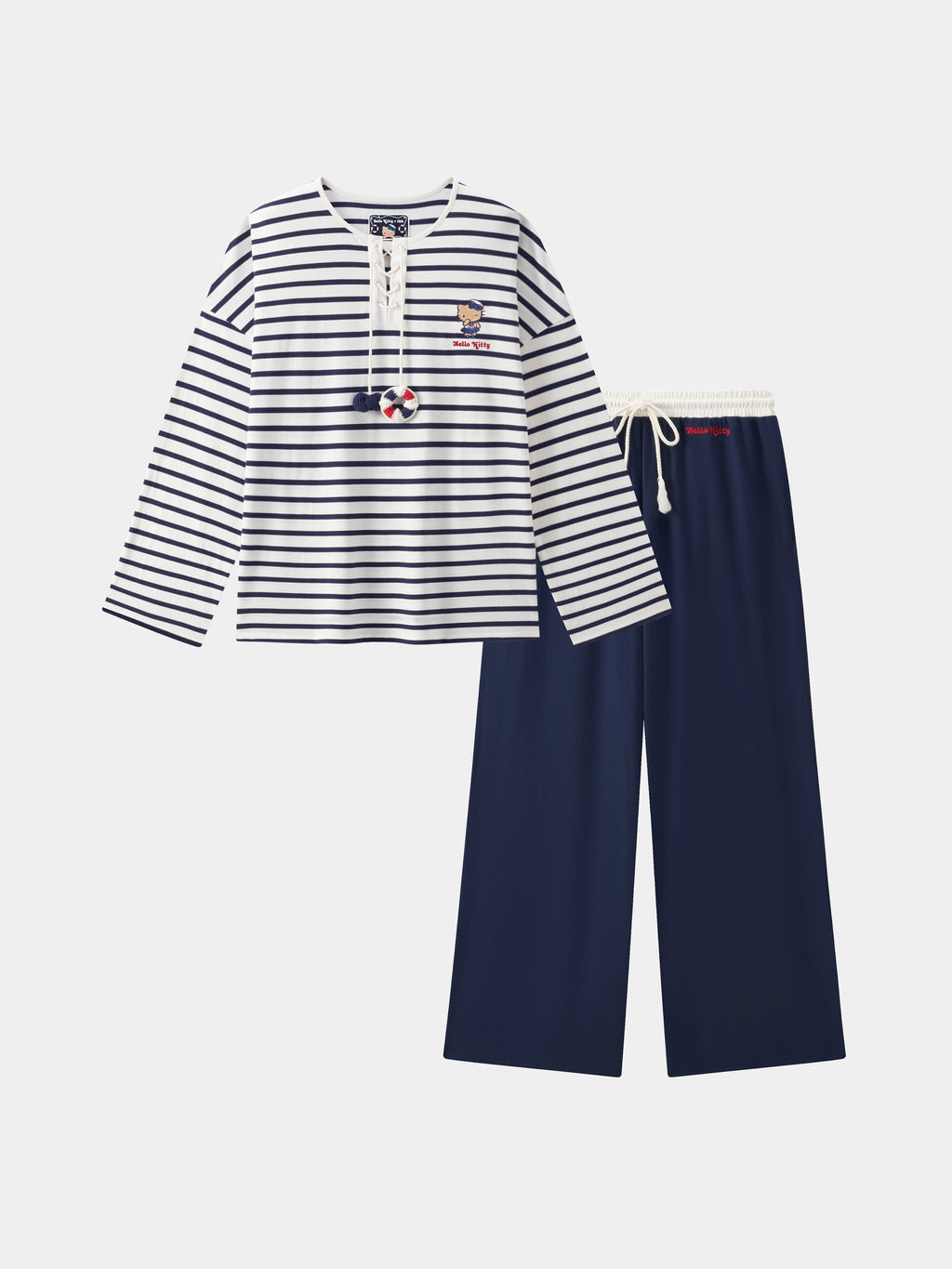 "Hello Kitty" Jersey Breton Stripe Loungewear Set Long Sleeve – Blue & White