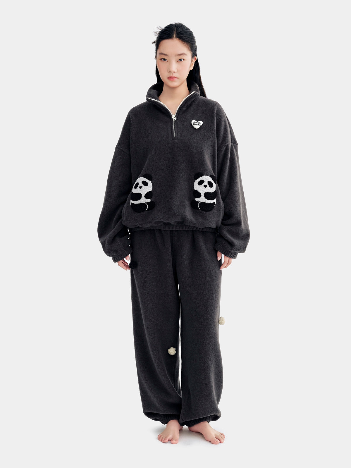 "panda pompom" Polar Fleece Pullover Loungewear Set Long Sleeve – Ink Black