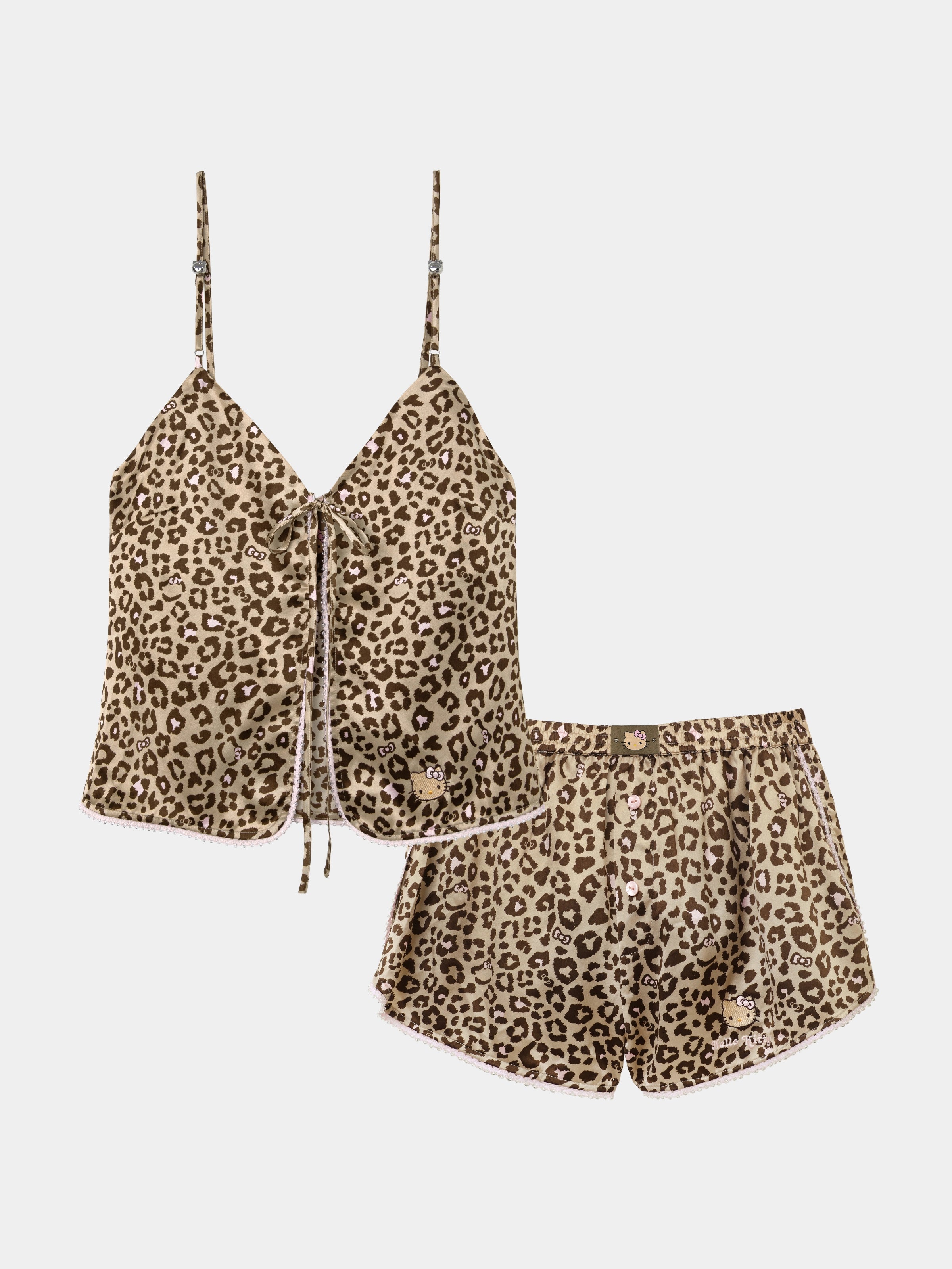 "Hello Kitty" Premium Heavy Mulberry Silk Strap Top & Shorts Pajama Set – Leopard