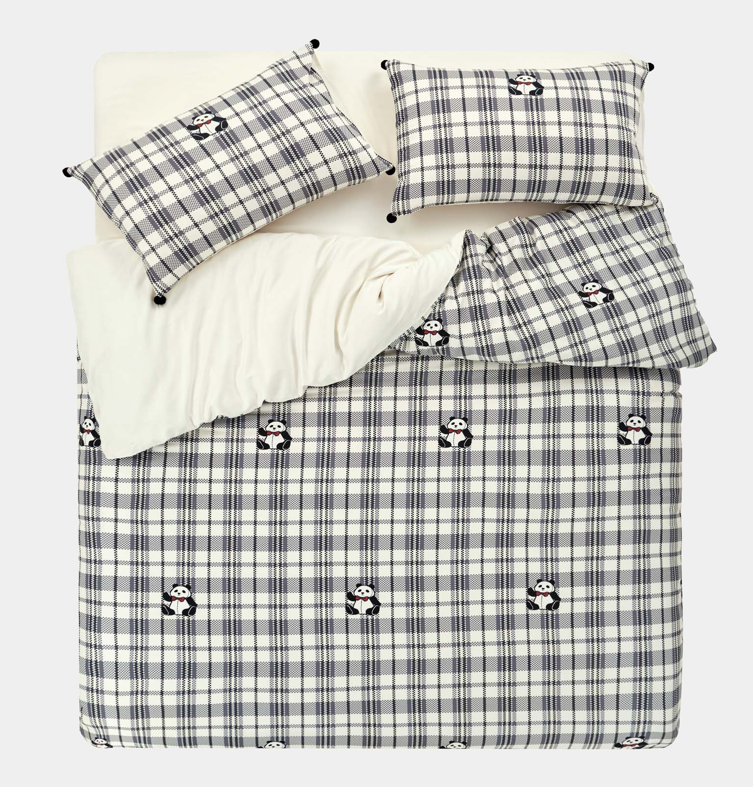 "Panda PomPom" Bamboo bedding set Black Grid