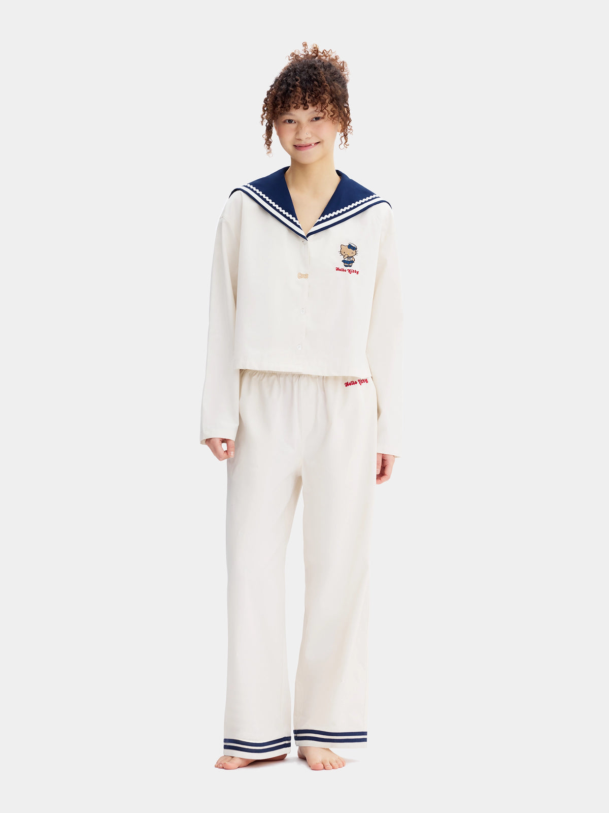 "Hello Kitty" Cotton Sailor Collar Loungewear Set Long Sleeve