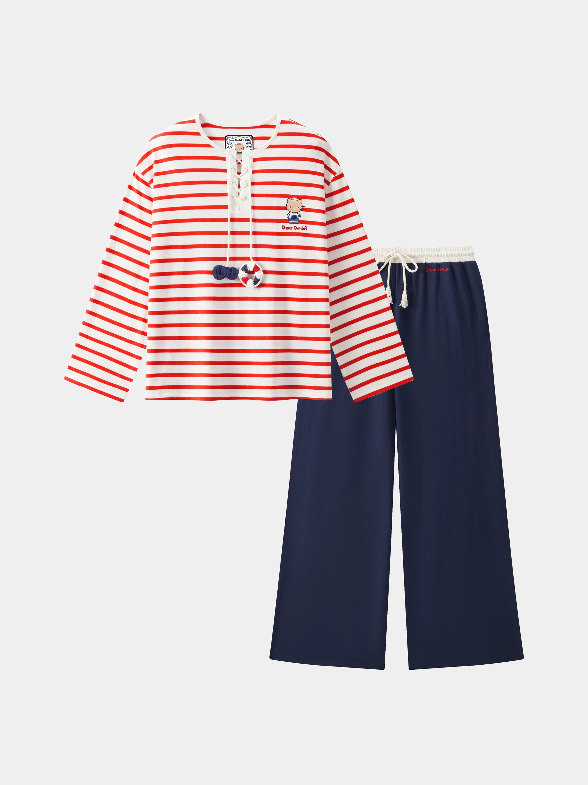 "Dear Daniel" Jersey Breton Stripe Loungewear Set Long Sleeve – Red & White
