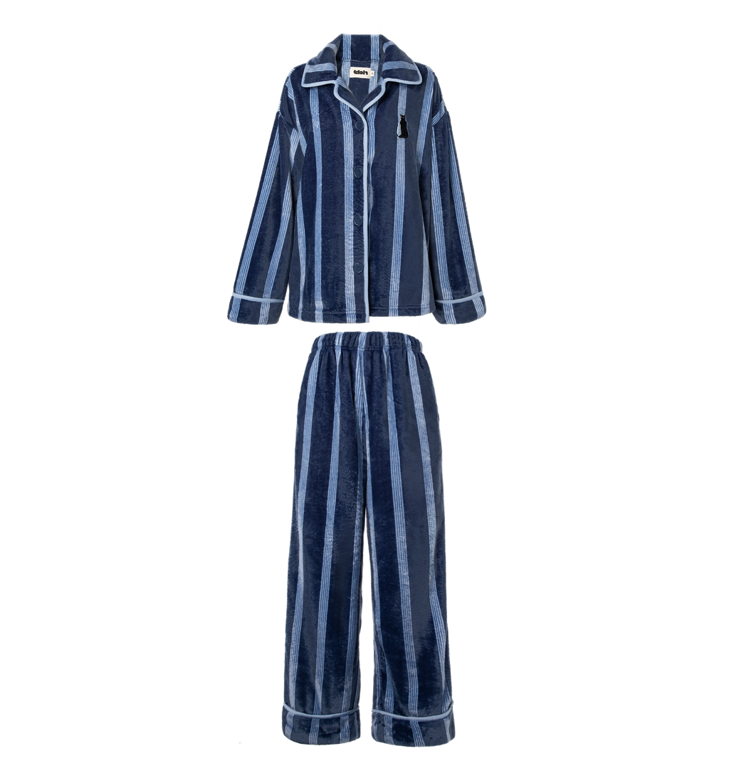“Urban Jungle” Flannel Loungewear Set Dark Blue Stripes