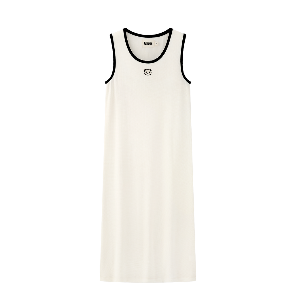 "Panda PomPom" Waffle Checks Nightgown – Cream White