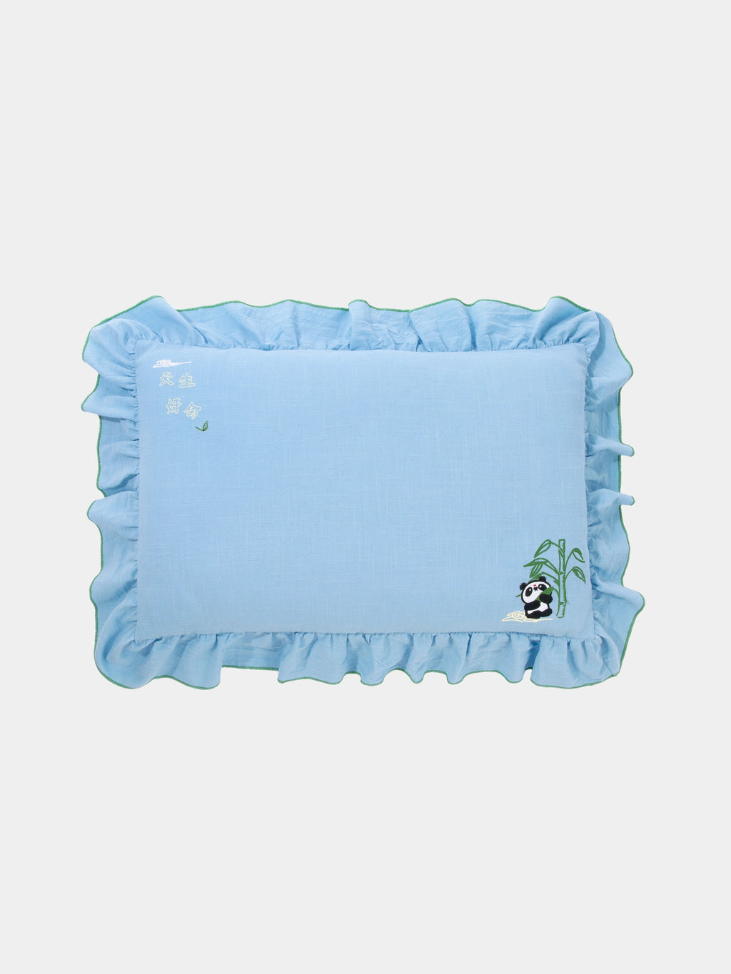 "panda pompom" Embroidered Buckwheat Pillow – Blue