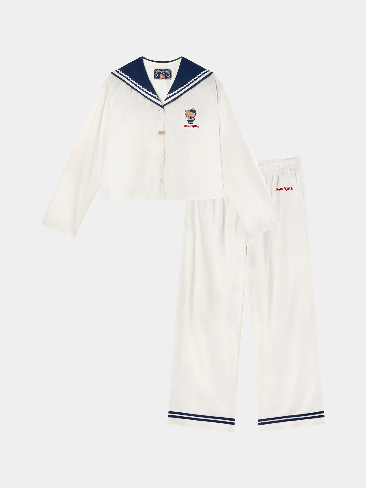 "Hello Kitty" Cotton Sailor Collar Loungewear Set Long Sleeve