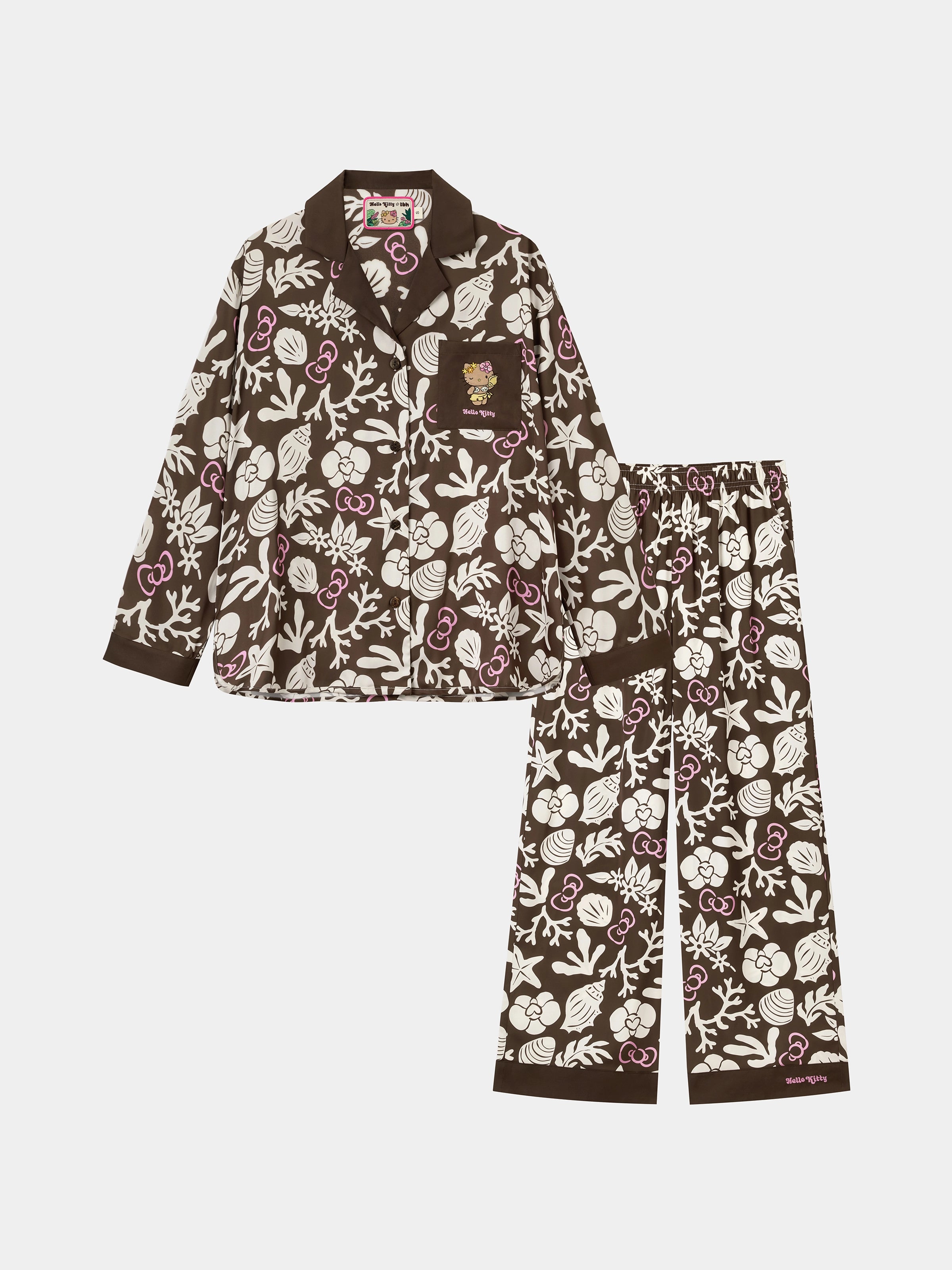 "Hello Kitty" Satin Loungewear Set Long Sleeve – Coconut Brown