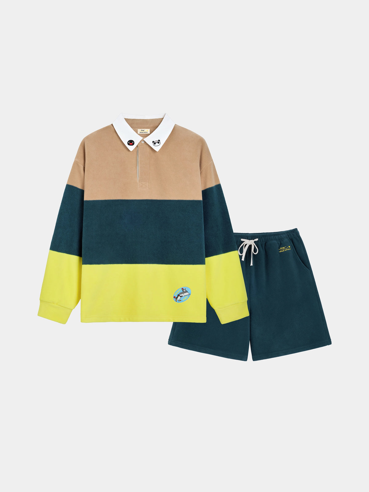ชุดลำลองเสื้อโปโลผ้าฟลีซ PIN!POM! - แขนยาวและกางเกงขาสั้น - ลายทางสีเหลืองและน้ำตาล