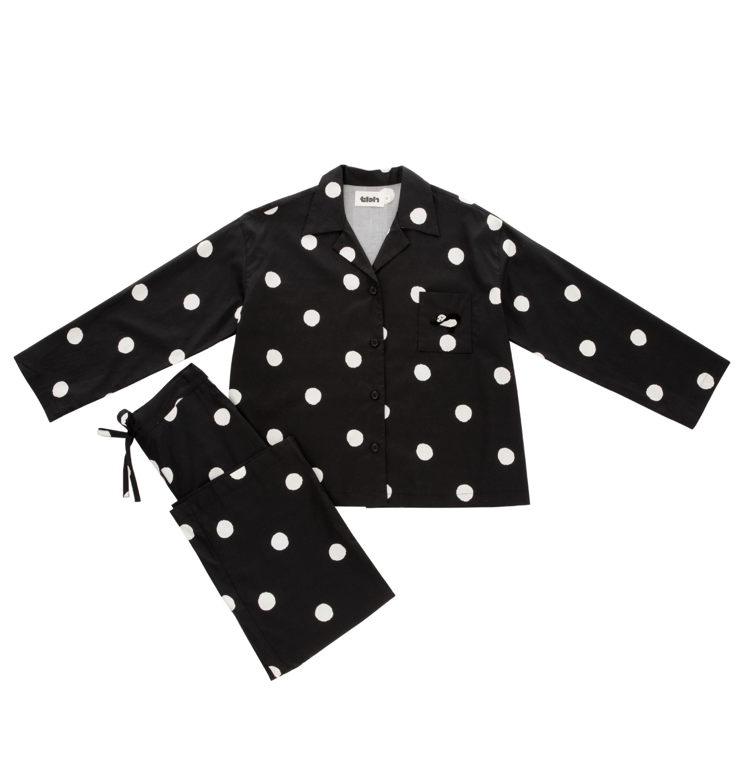 "Panda PomPom" Tencel Cotton Blend Loungewear Set White Polka Dot