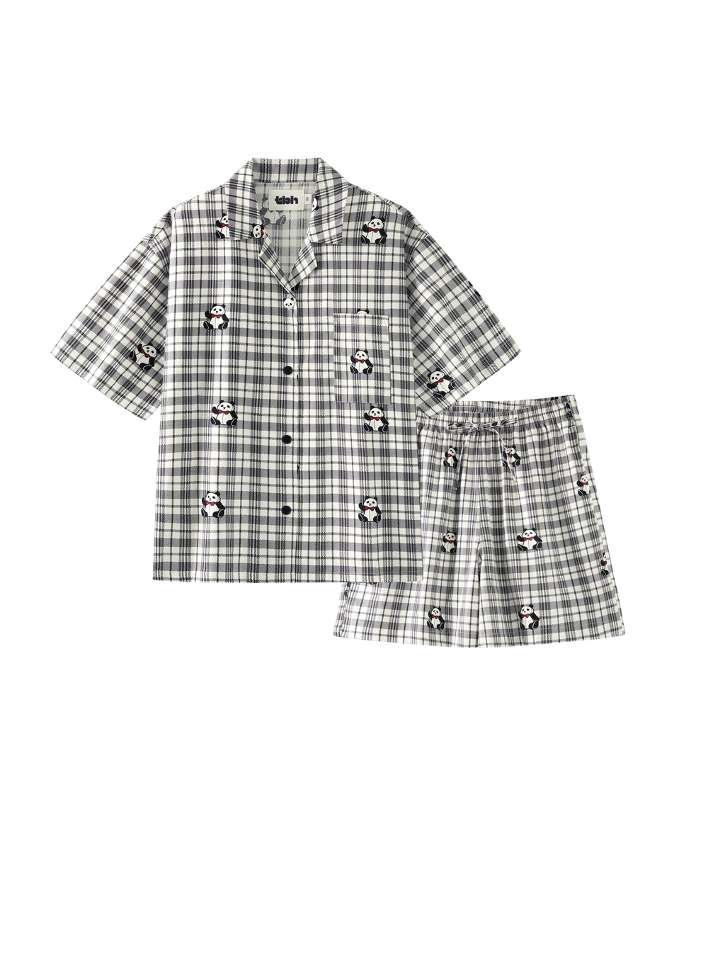 "Panda PomPom" Tencel Cotton Blend Short Loungewear Set – Black Grid