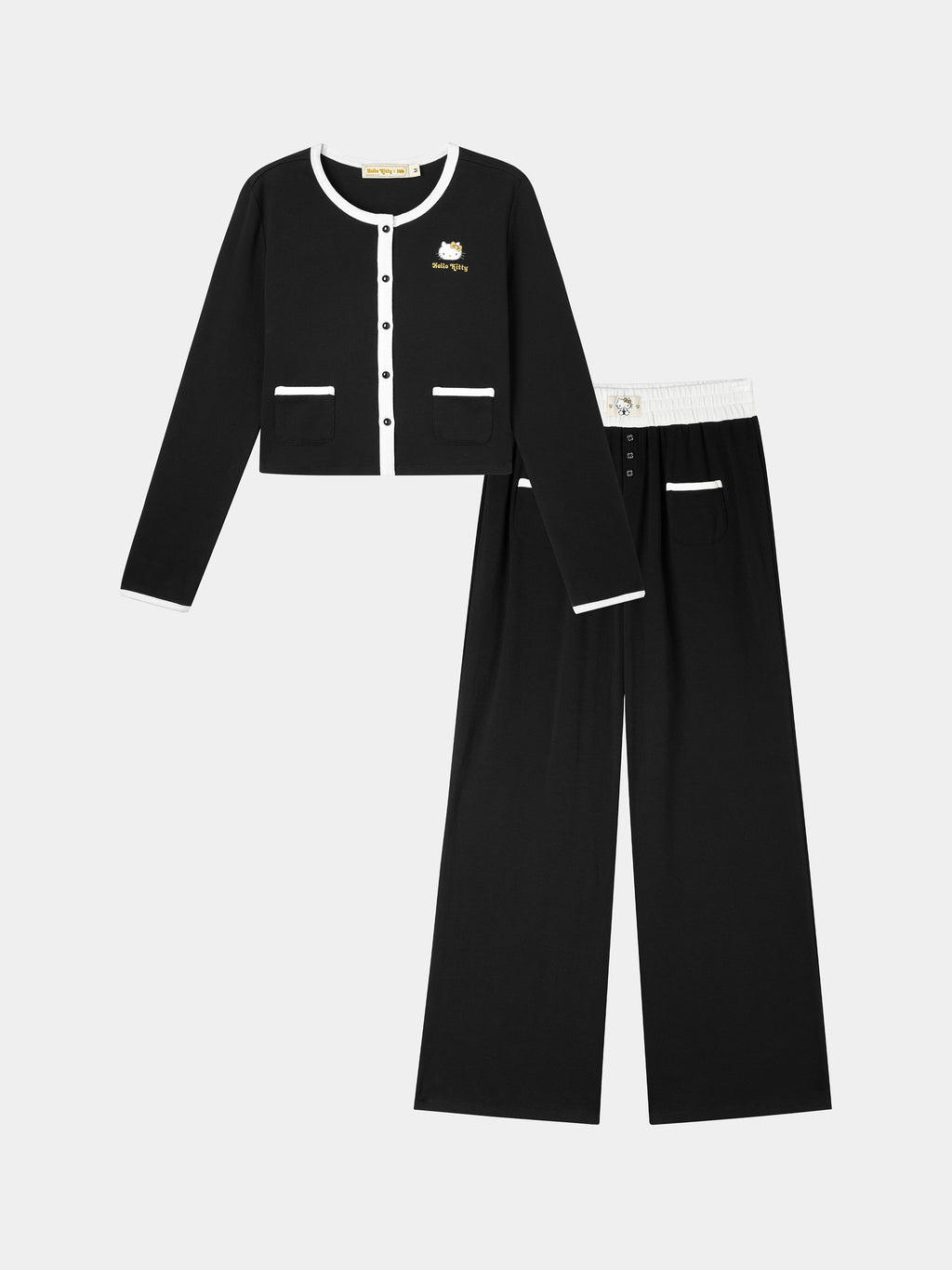 "Hello Kitty" Stretch Cotton Jersey Cardigan Loungewear Set – Classic Black