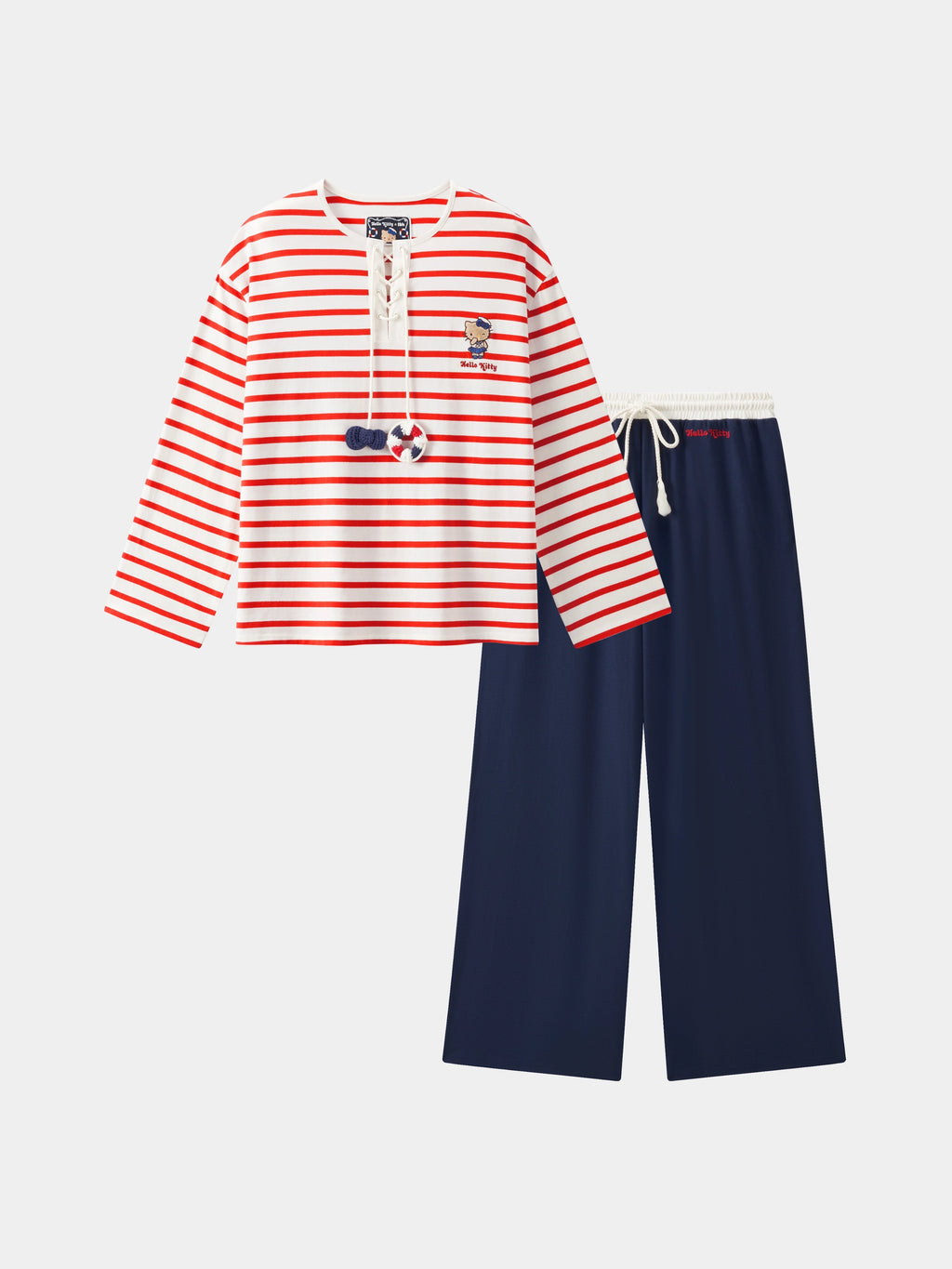 "Hello Kitty" Jersey Breton Stripe Loungewear Set Long Sleeve – Red & White