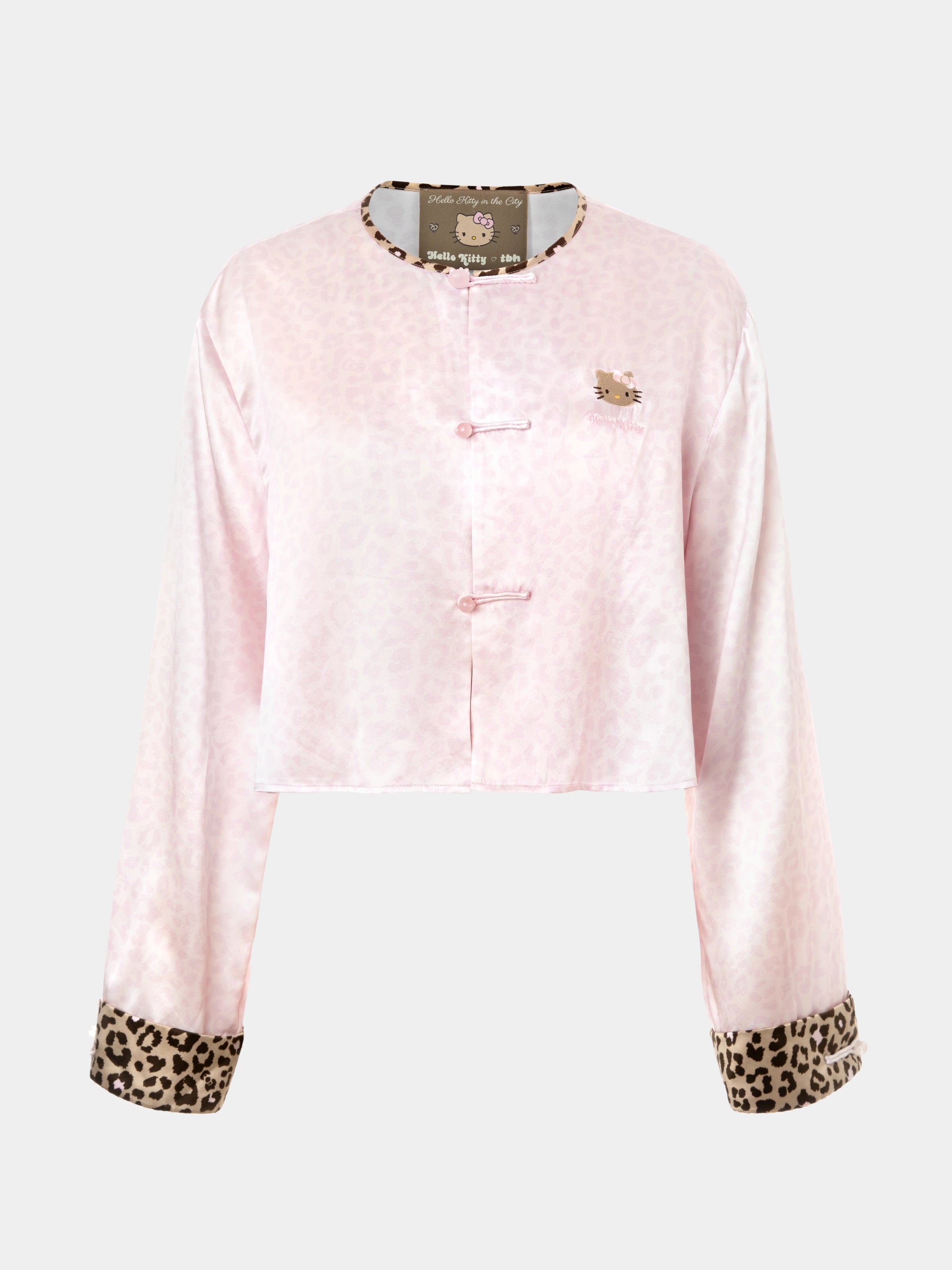 "Hello Kitty" Premium Heavy Mulberry Silk Chinese-Style Short Top – Pink Leopard