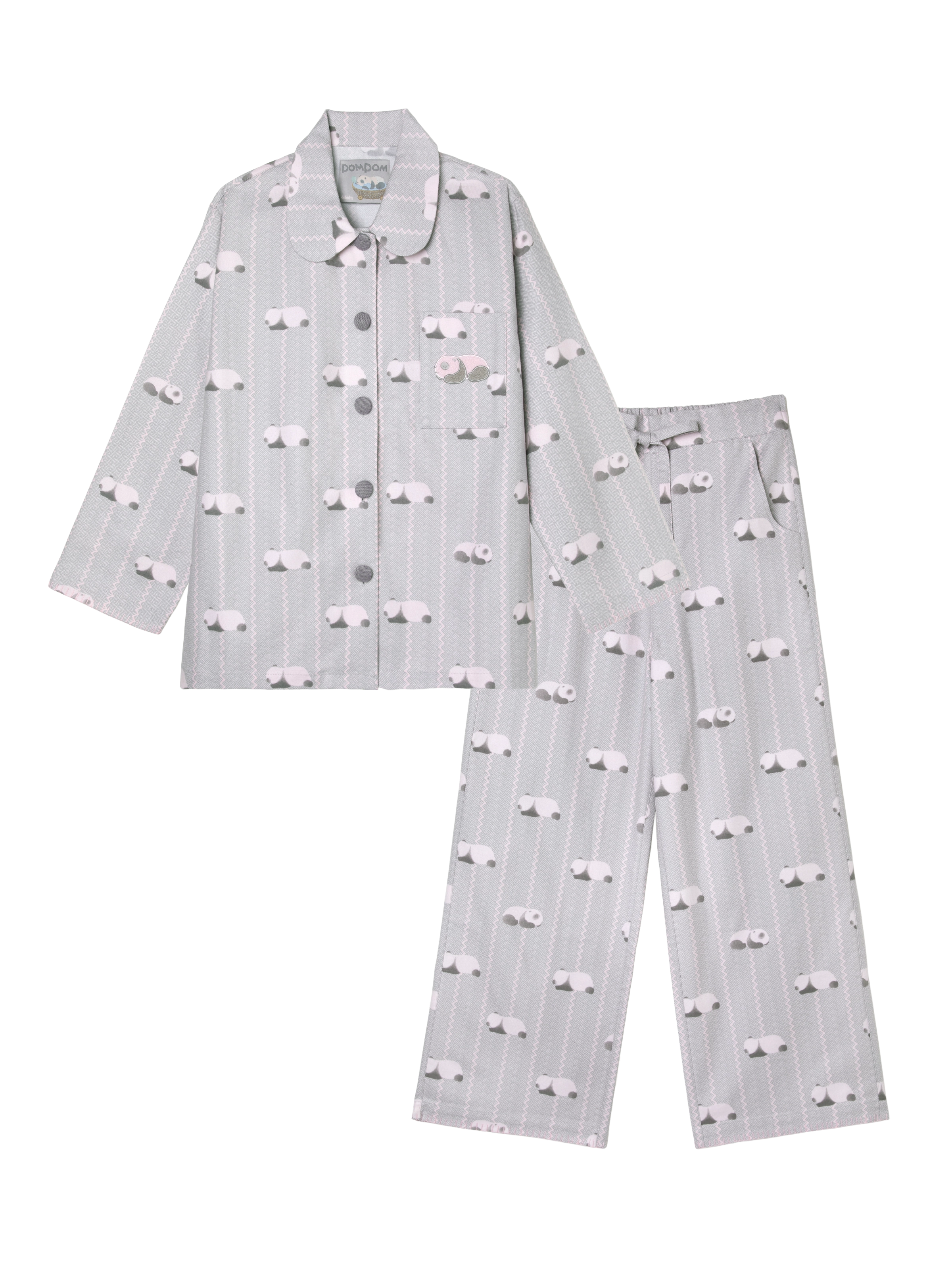 "Panda PomPom" Thickened Cotton Flannel Loungewear Set Gray